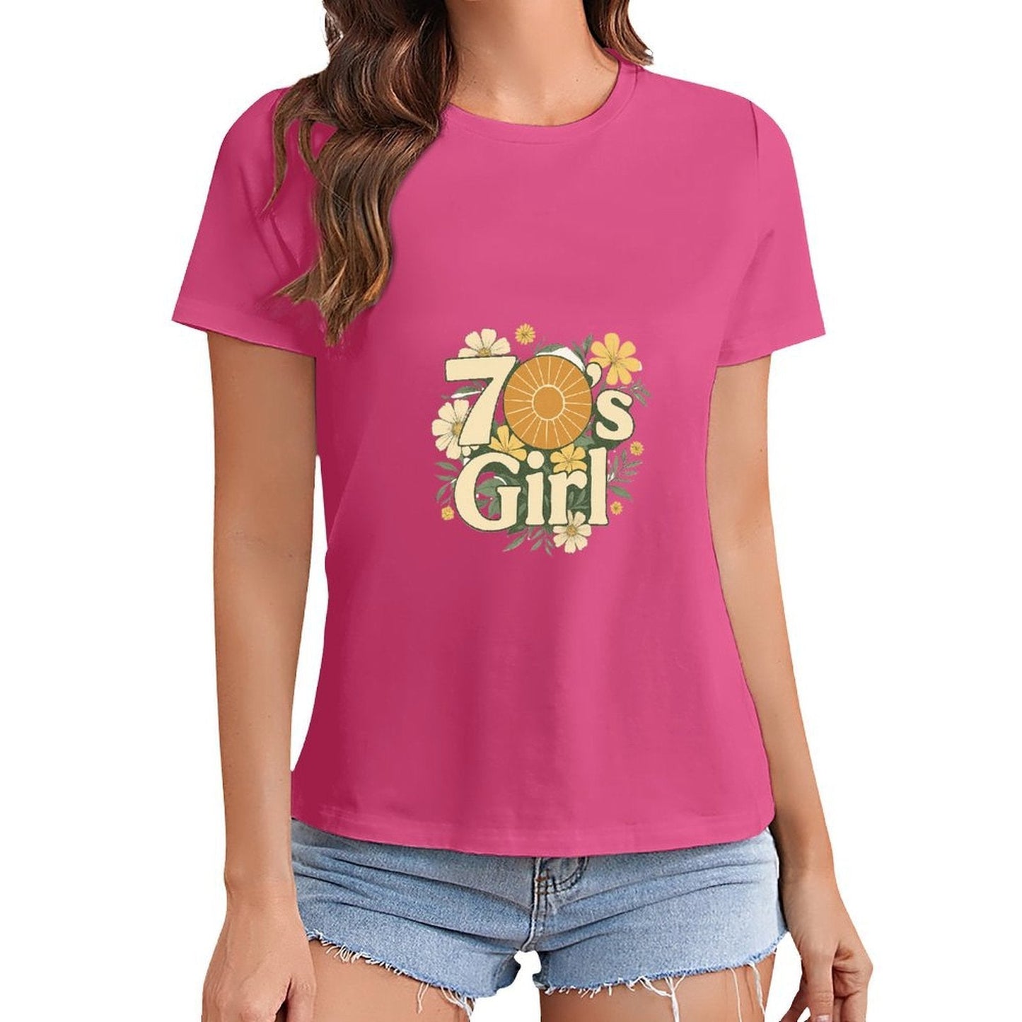 Gildan T-shirt Women 70s Floral Retro Vibes Spring and Summer Round Neck Short - sleeved Tops Women's Casual Sports T-shirt - TrendyLookz