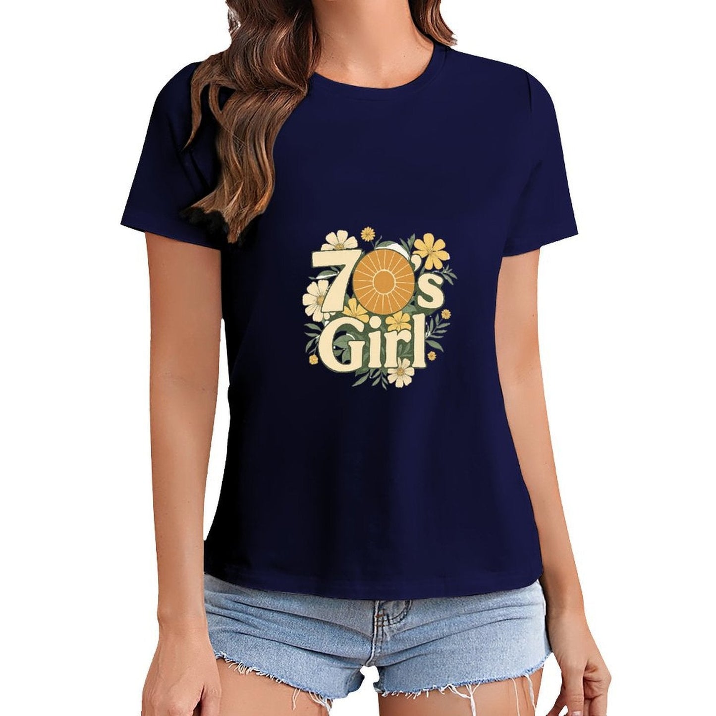 Gildan T-shirt Women 70s Floral Retro Vibes Spring and Summer Round Neck Short - sleeved Tops Women's Casual Sports T-shirt - TrendyLookz