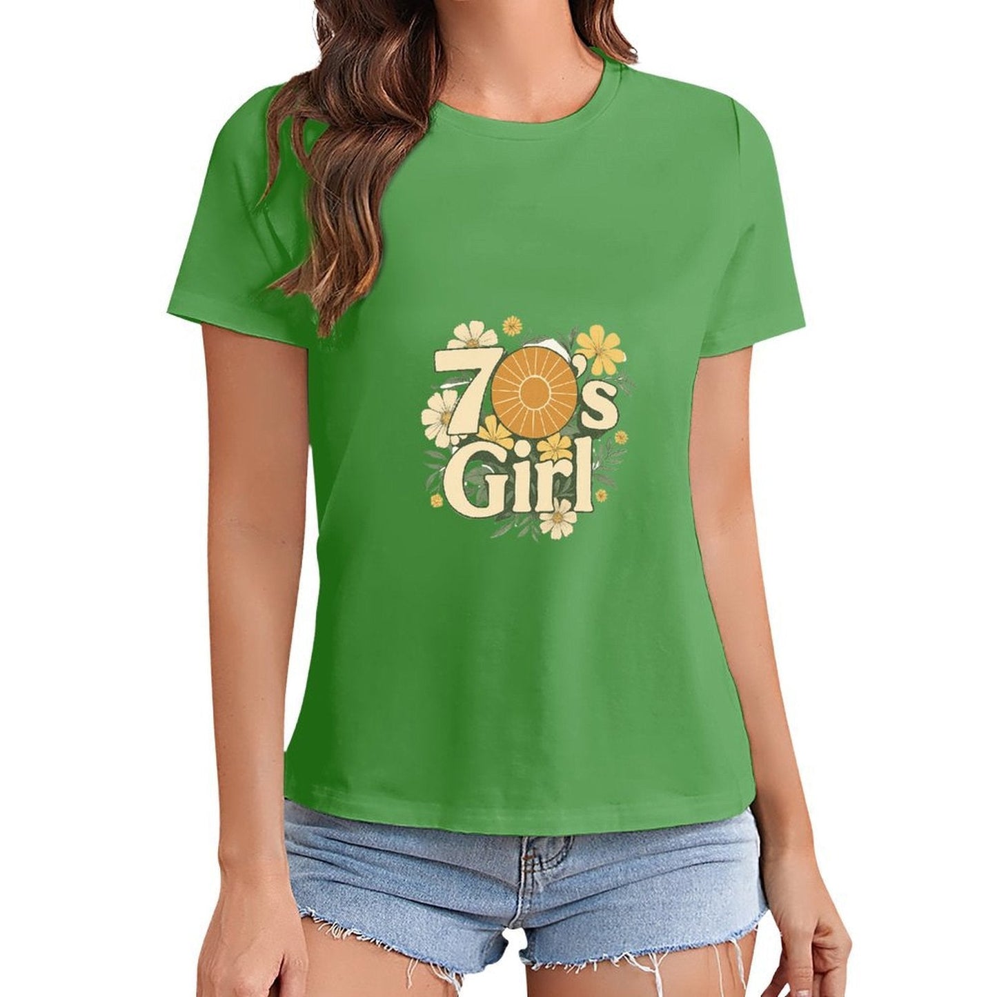 Gildan T-shirt Women 70s Floral Retro Vibes Spring and Summer Round Neck Short - sleeved Tops Women's Casual Sports T-shirt - TrendyLookz