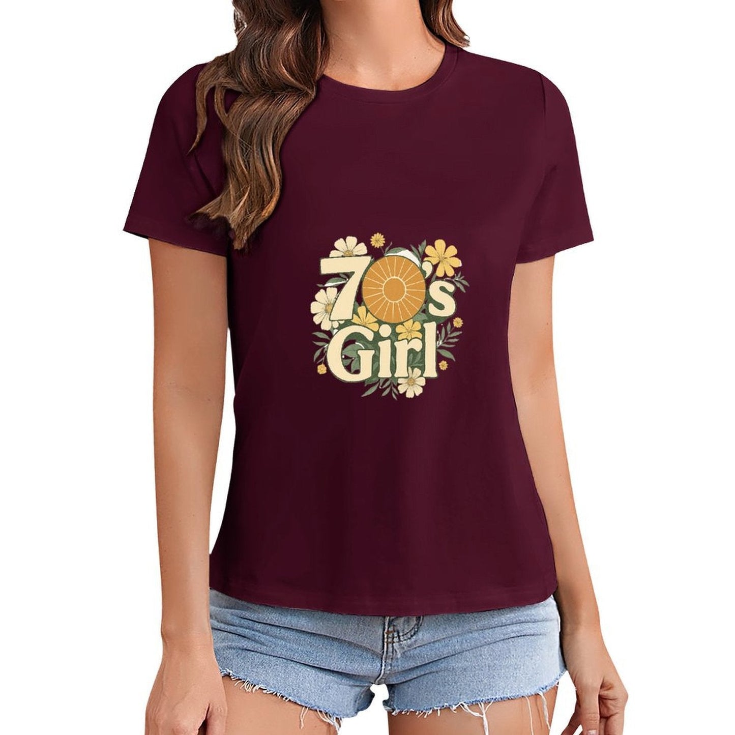 Gildan T-shirt Women 70s Floral Retro Vibes Spring and Summer Round Neck Short - sleeved Tops Women's Casual Sports T-shirt - TrendyLookz