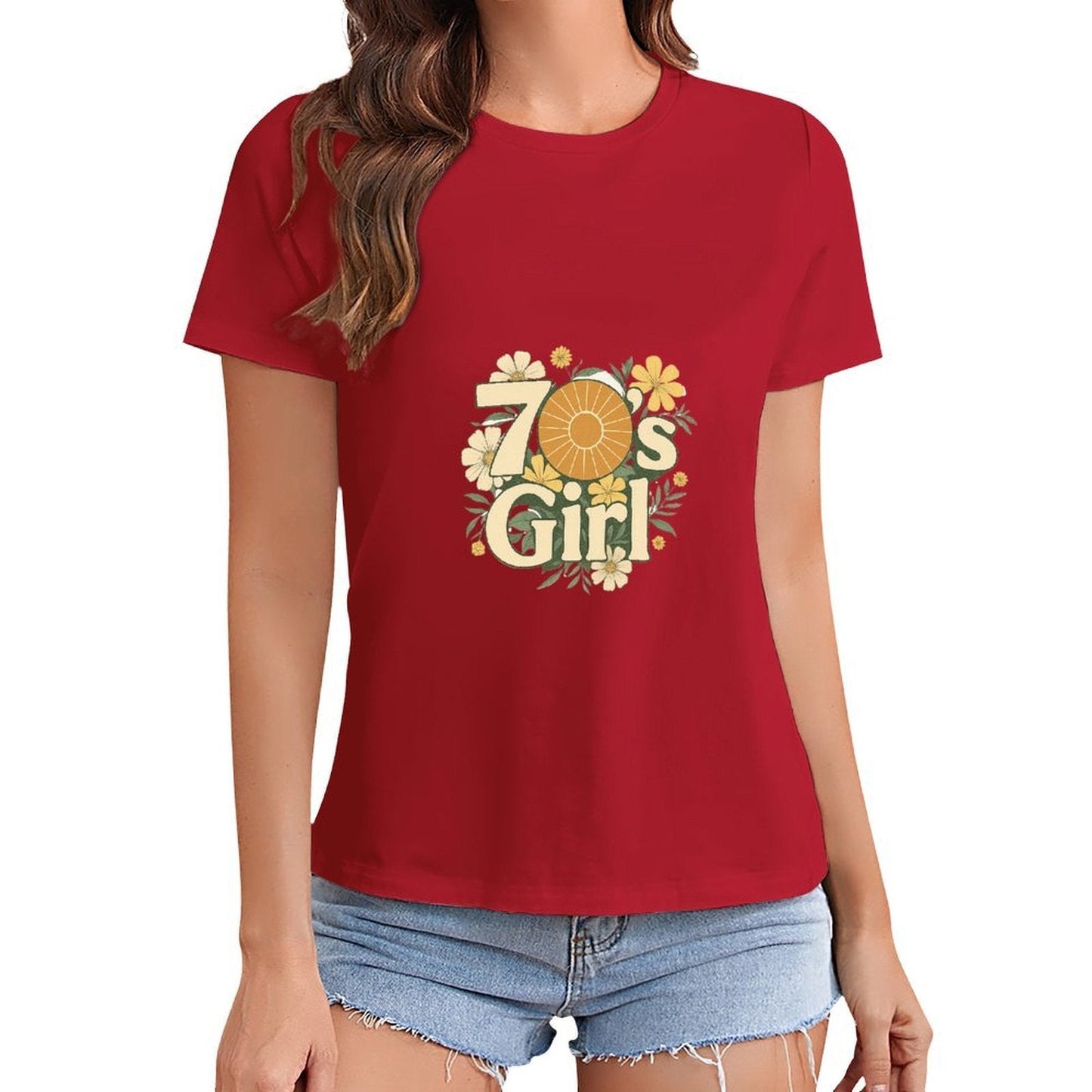 Gildan T-shirt Women 70s Floral Retro Vibes Spring and Summer Round Neck Short - sleeved Tops Women's Casual Sports T-shirt - TrendyLookz
