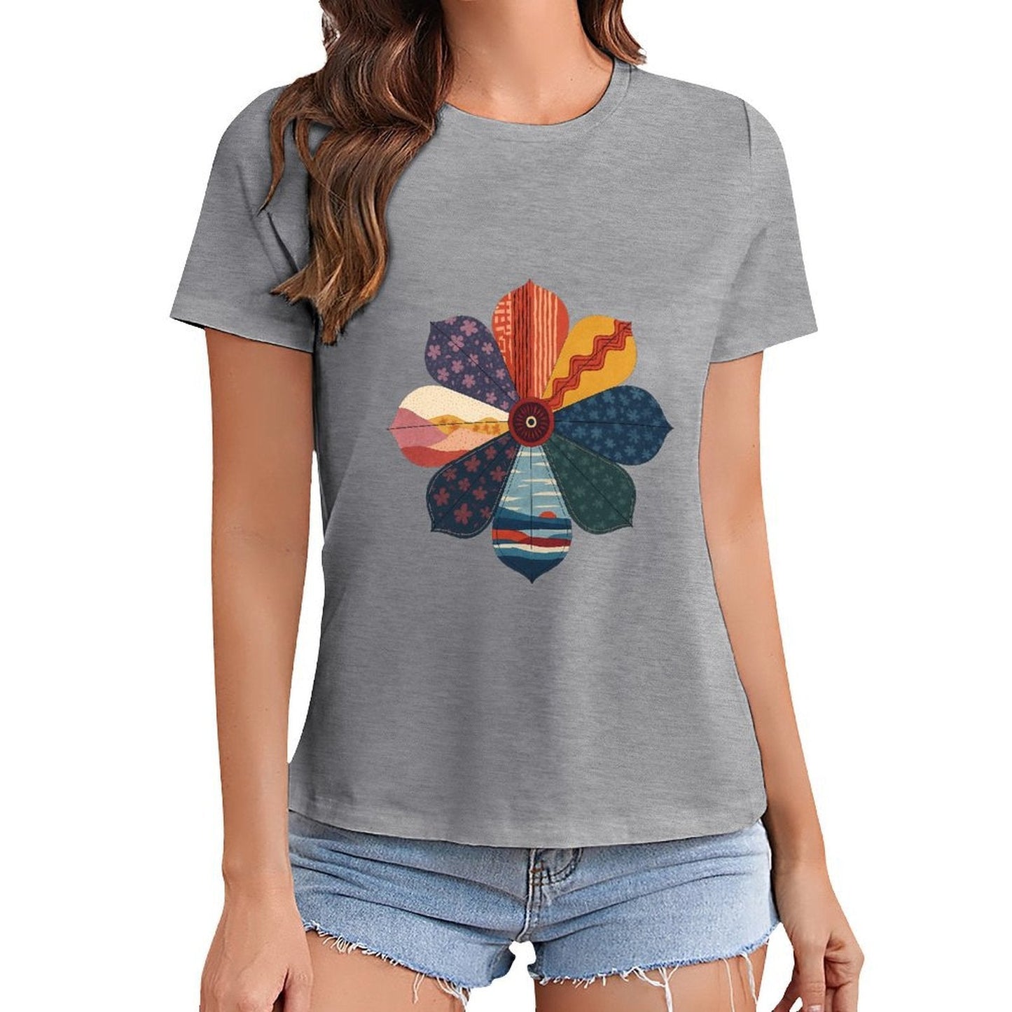 Gildan T-shirt Women Abstract Floral Pattern Design Spring and Summer Round Neck Short - sleeved Tops Women's Casual Sports T-shirt - TrendyLookz