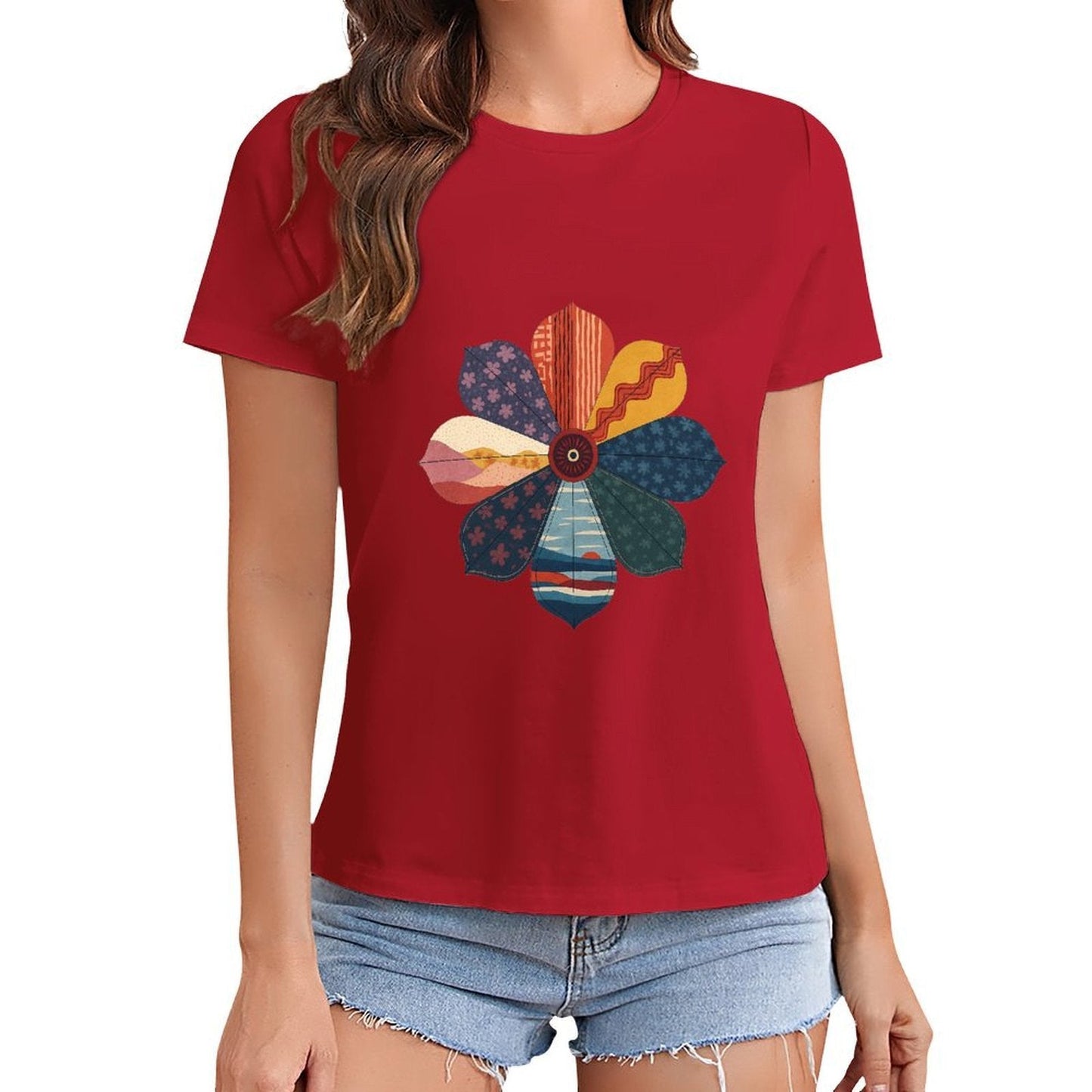 Gildan T-shirt Women Abstract Floral Pattern Design Spring and Summer Round Neck Short - sleeved Tops Women's Casual Sports T-shirt - TrendyLookz
