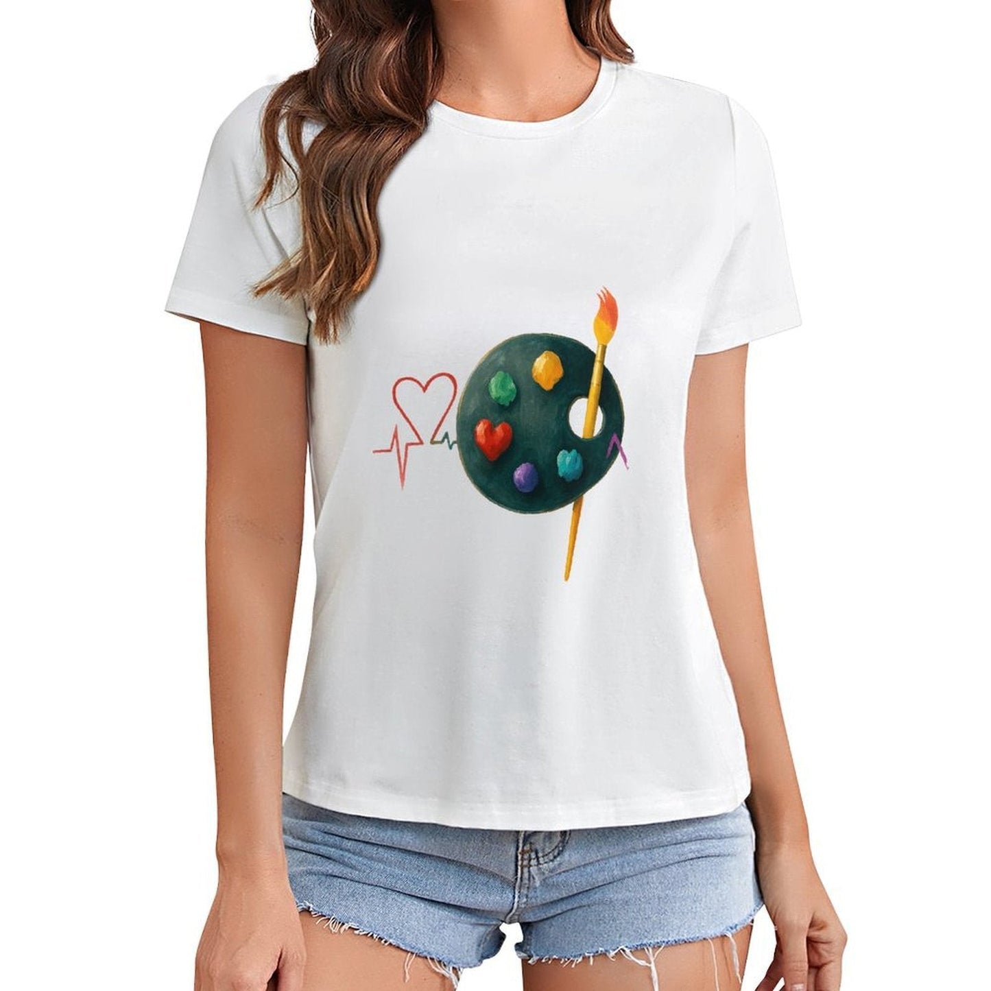 Gildan T-shirt Women Artistic Heartbeat Connection Spring and Summer Round Neck Short - sleeved Tops Women's Casual Sports T-shirt - TrendyLookz
