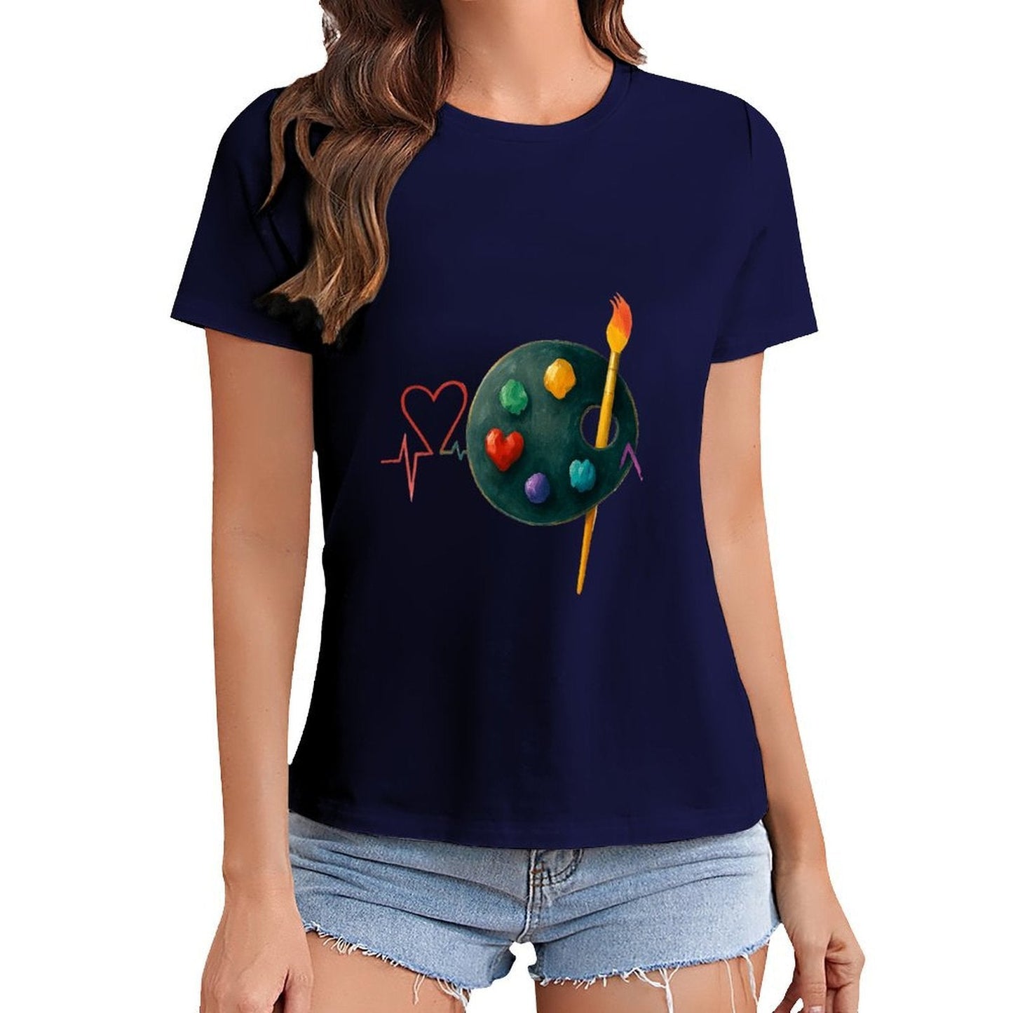 Gildan T-shirt Women Artistic Heartbeat Connection Spring and Summer Round Neck Short - sleeved Tops Women's Casual Sports T-shirt - TrendyLookz