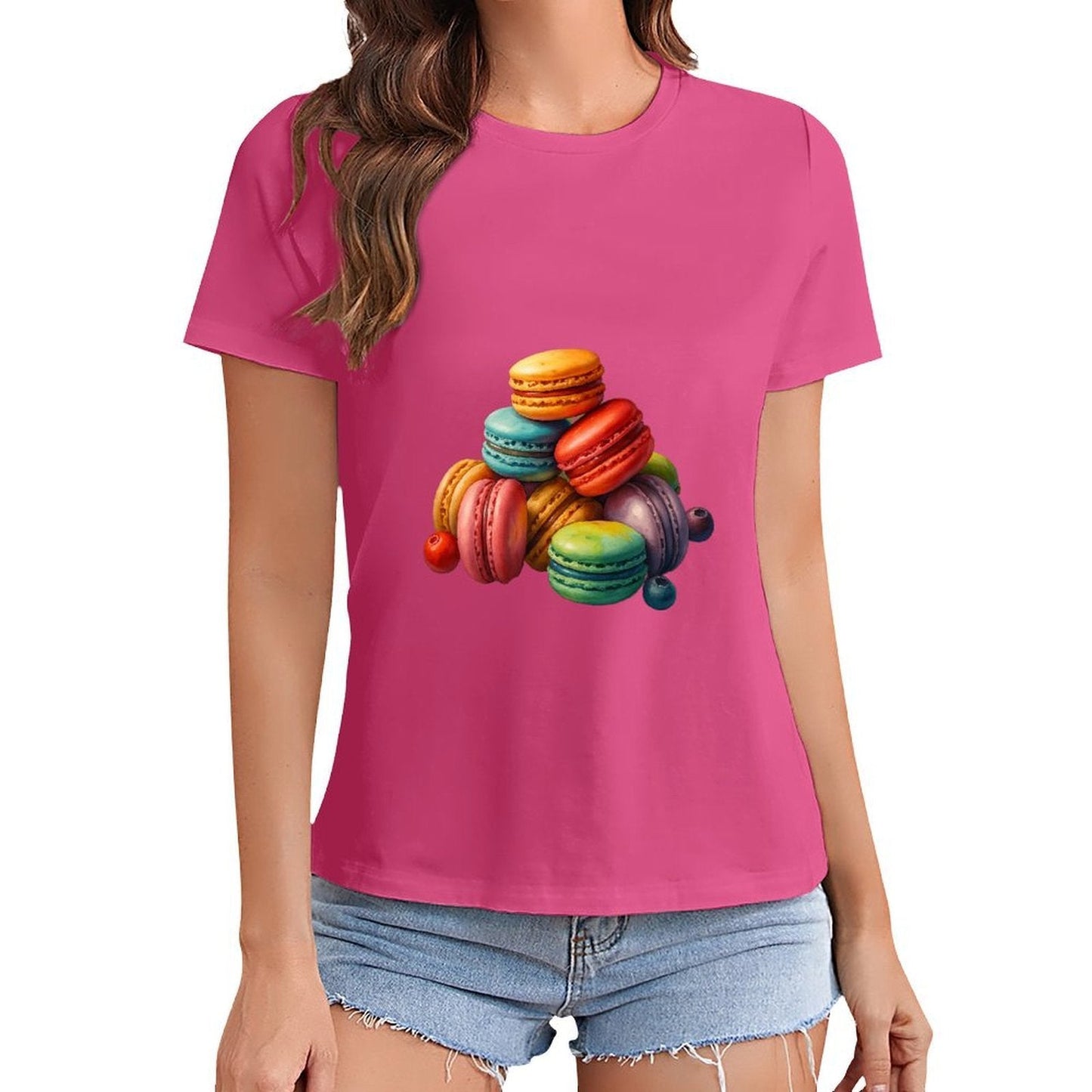 Gildan T-shirt Women Colorful Macarons with Fruits Spring and Summer Round Neck Short - sleeved Tops Women's Casual Sports T-shirt - TrendyLookz