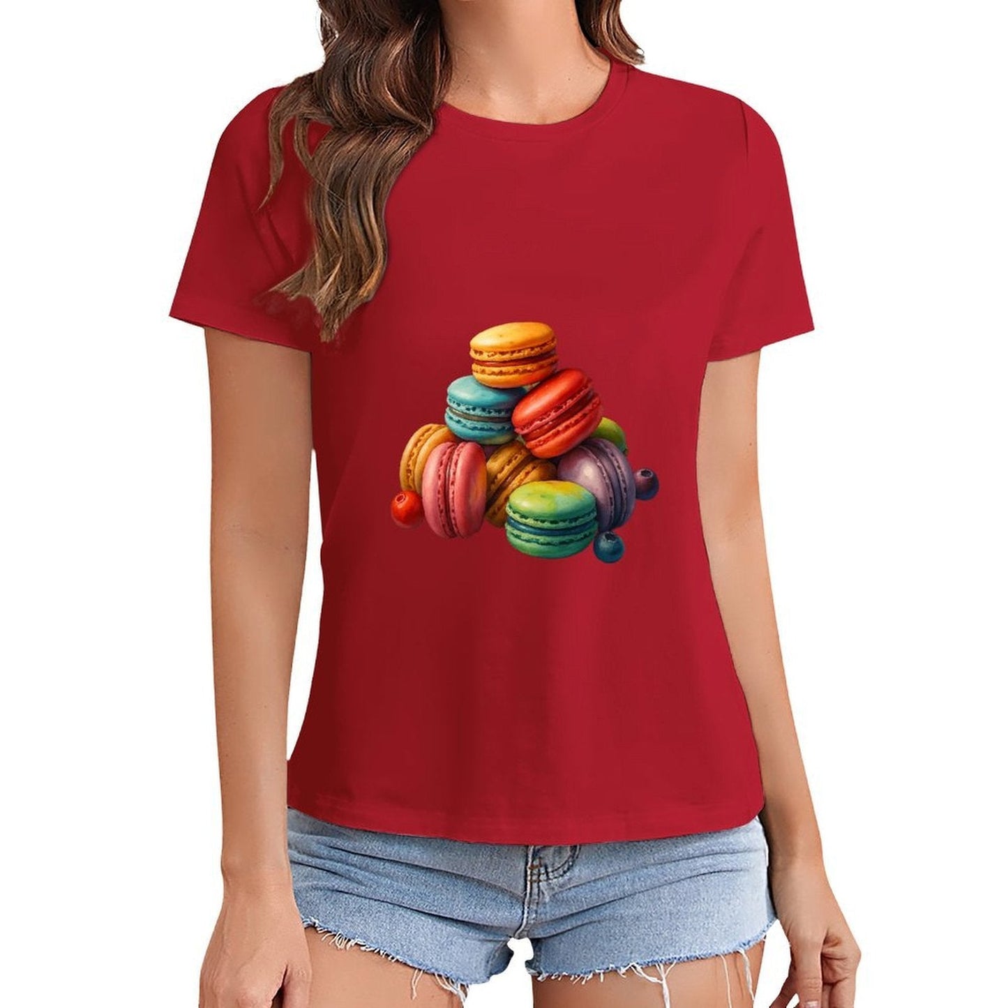 Gildan T-shirt Women Colorful Macarons with Fruits Spring and Summer Round Neck Short - sleeved Tops Women's Casual Sports T-shirt - TrendyLookz