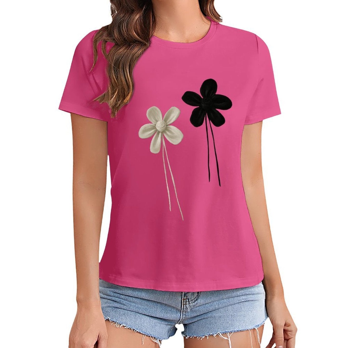 Gildan T-shirt Women Contrast of Black And White Flowers Spring and Summer Round Neck Short - sleeved Tops Women's Casual Sports T-shirt - TrendyLookz
