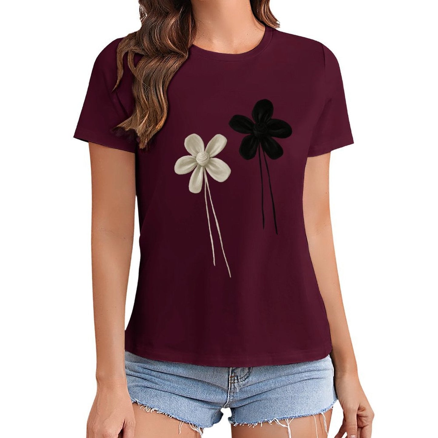 Gildan T-shirt Women Contrast of Black And White Flowers Spring and Summer Round Neck Short - sleeved Tops Women's Casual Sports T-shirt - TrendyLookz