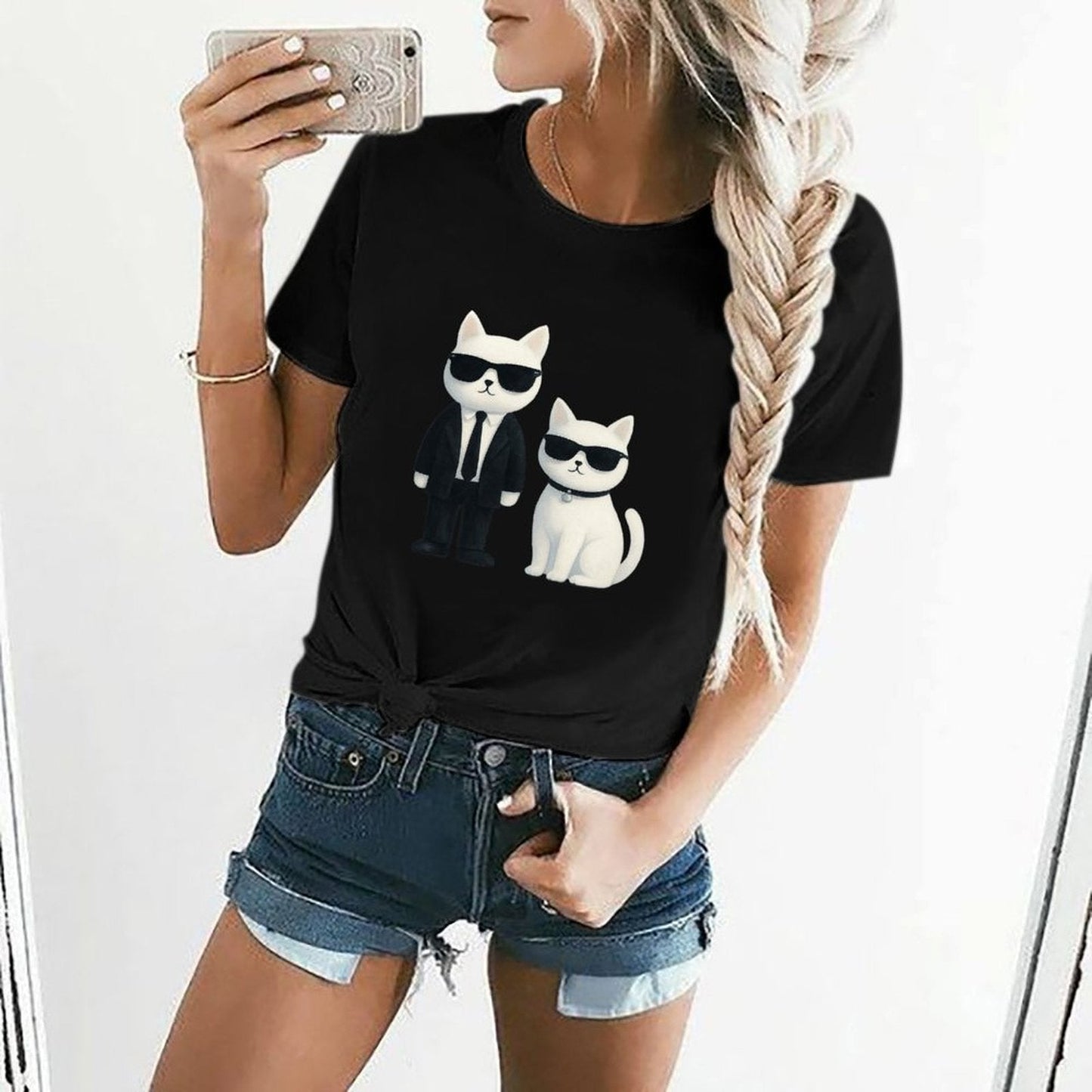 Gildan T-shirt Women Cool Cats in Sunglasses Spring and Summer Round Neck Short - sleeved Tops Women's Casual Sports T-shirt - TrendyLookz