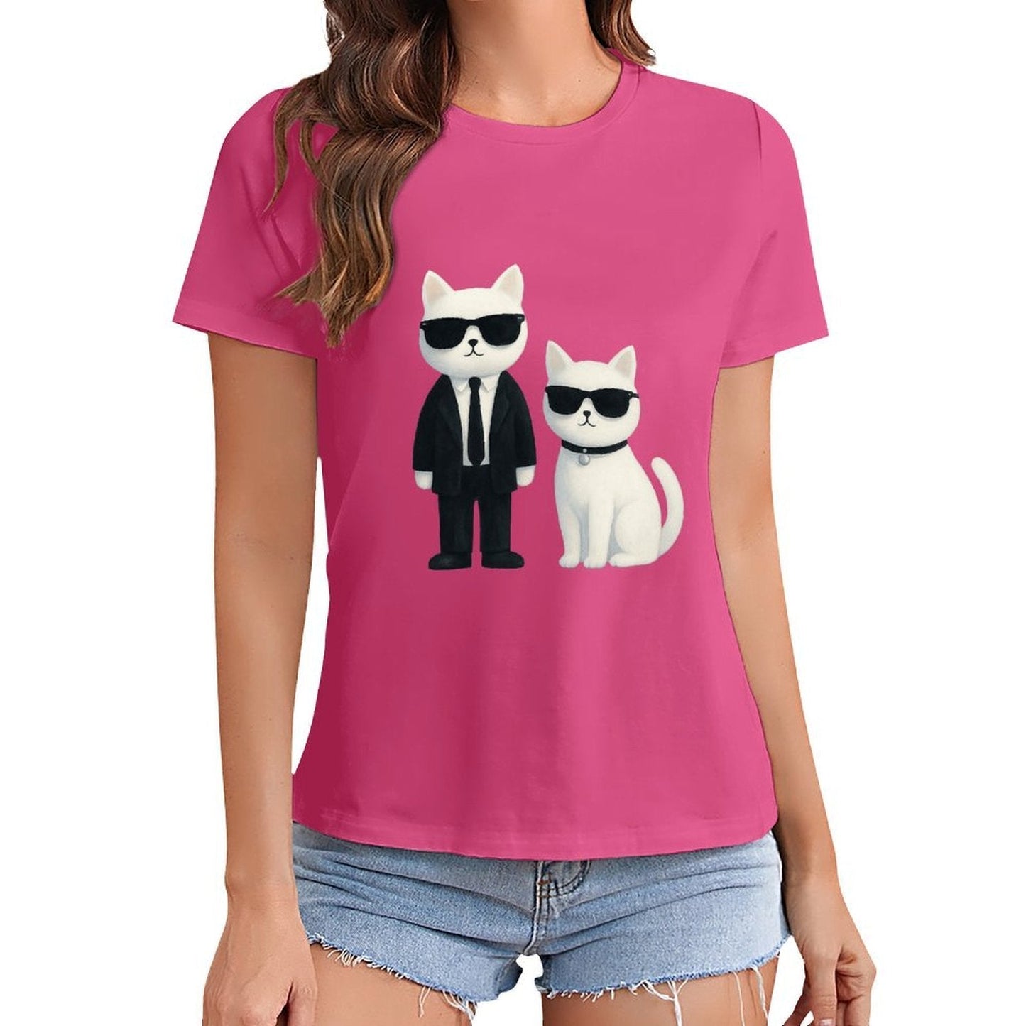 Gildan T-shirt Women Cool Cats in Sunglasses Spring and Summer Round Neck Short - sleeved Tops Women's Casual Sports T-shirt - TrendyLookz
