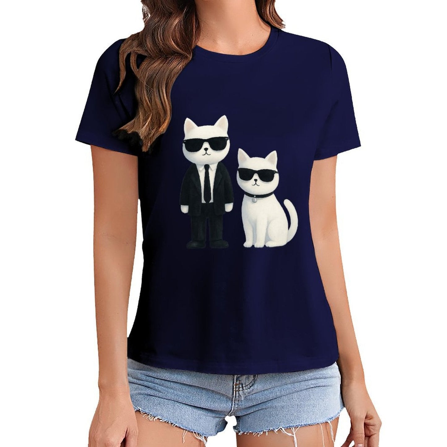 Gildan T-shirt Women Cool Cats in Sunglasses Spring and Summer Round Neck Short - sleeved Tops Women's Casual Sports T-shirt - TrendyLookz
