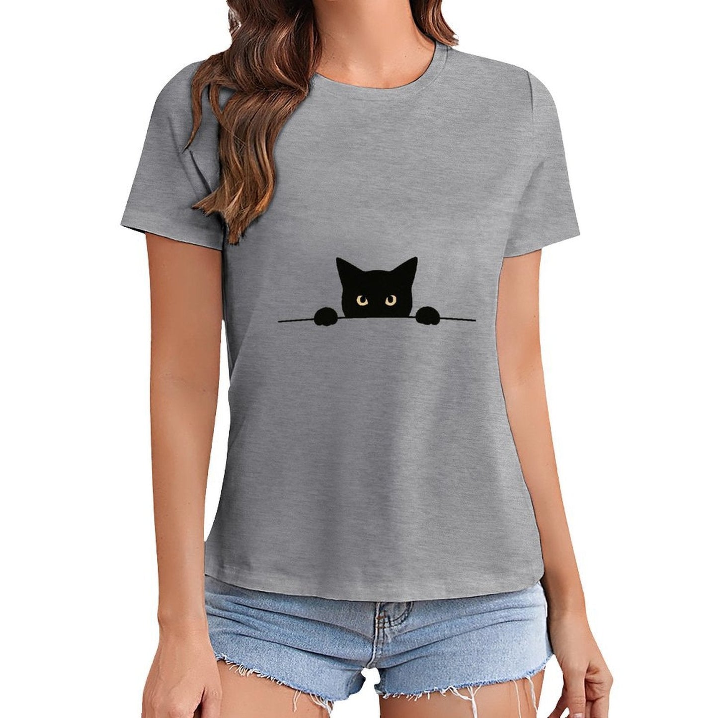 Gildan T-shirt Women Curious Cat Peeking Through Spring and Summer Round Neck Short - sleeved Tops Women's Casual Sports T-shirt - TrendyLookz