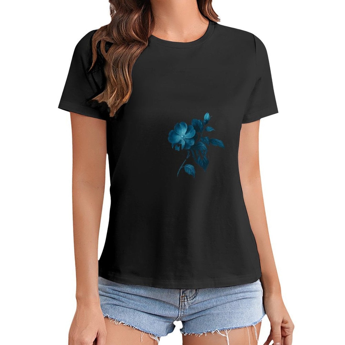 Gildan T-shirt Women Elegant Blue Wildflower Design Spring and Summer Round Neck Short - sleeved Tops Women's Casual Sports T-shirt - TrendyLookz