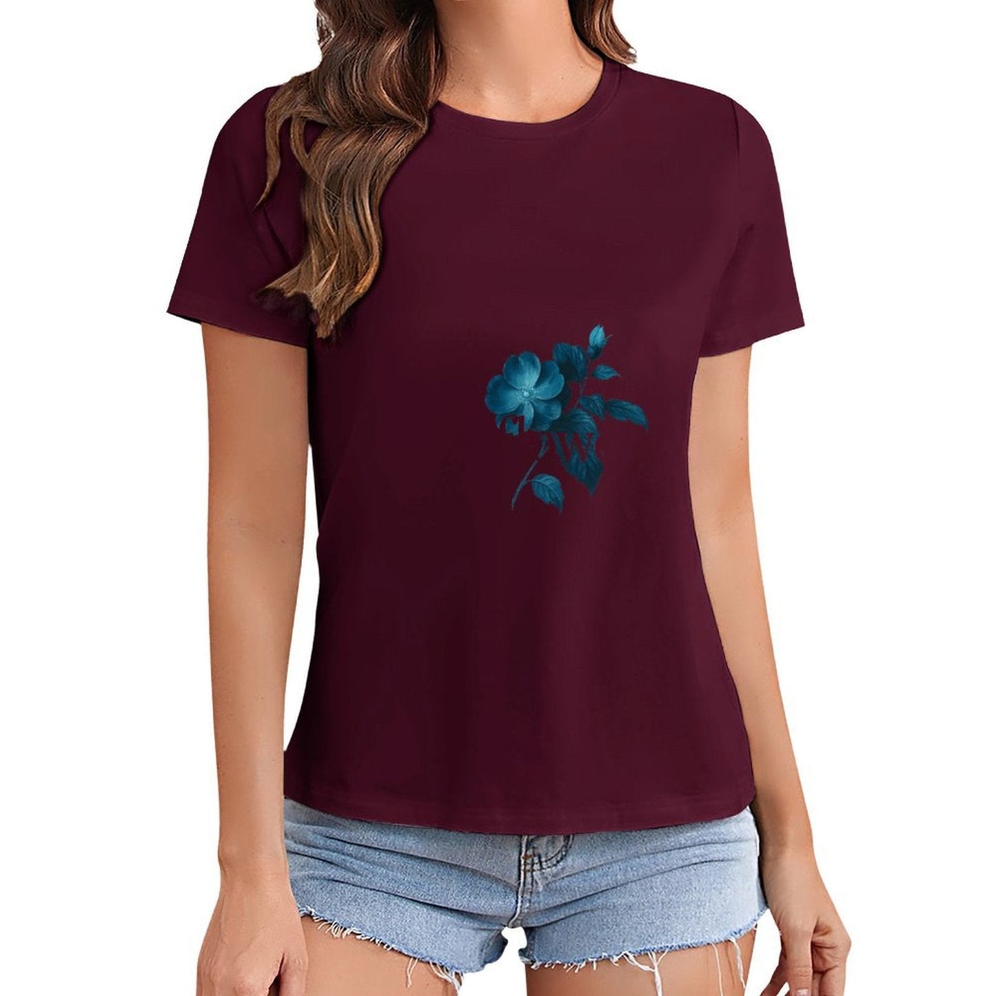 Gildan T-shirt Women Elegant Blue Wildflower Design Spring and Summer Round Neck Short - sleeved Tops Women's Casual Sports T-shirt - TrendyLookz