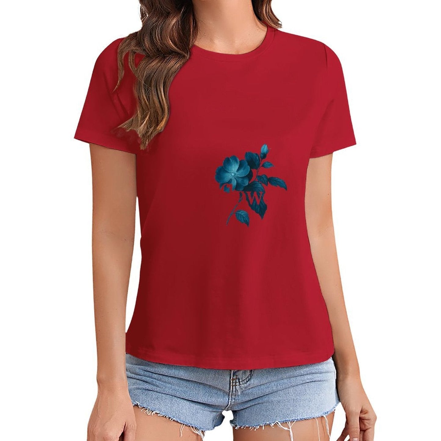 Gildan T-shirt Women Elegant Blue Wildflower Design Spring and Summer Round Neck Short - sleeved Tops Women's Casual Sports T-shirt - TrendyLookz