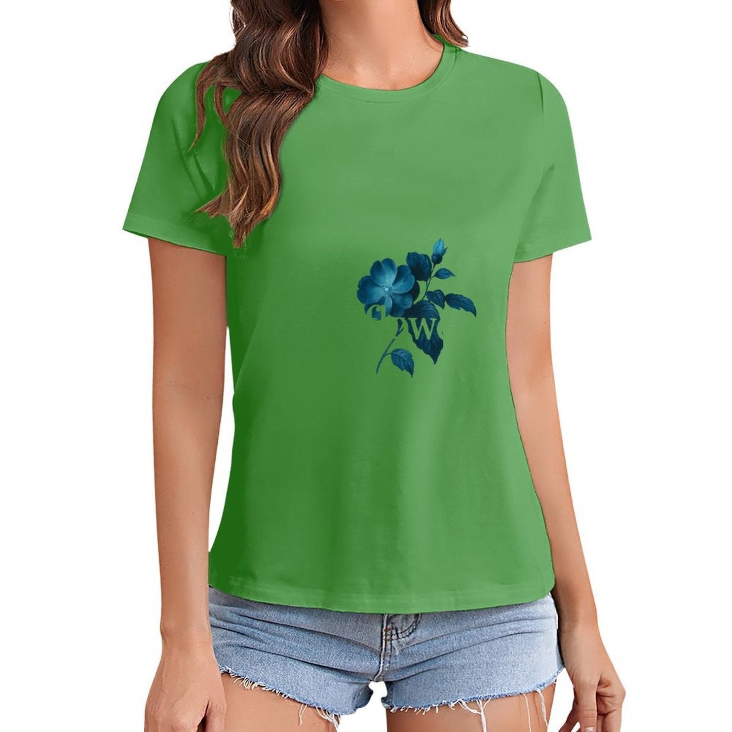 Gildan T-shirt Women Elegant Blue Wildflower Design Spring and Summer Round Neck Short - sleeved Tops Women's Casual Sports T-shirt - TrendyLookz
