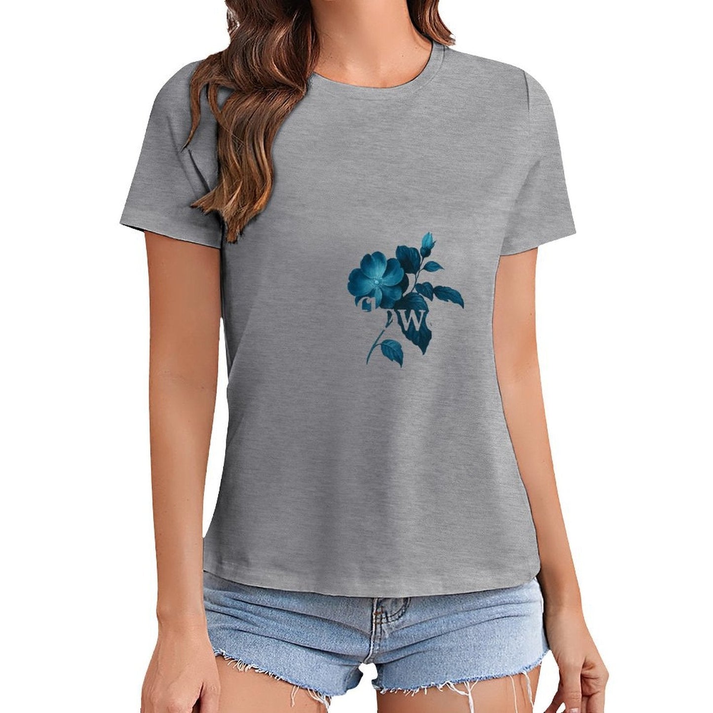 Gildan T-shirt Women Elegant Blue Wildflower Design Spring and Summer Round Neck Short - sleeved Tops Women's Casual Sports T-shirt - TrendyLookz