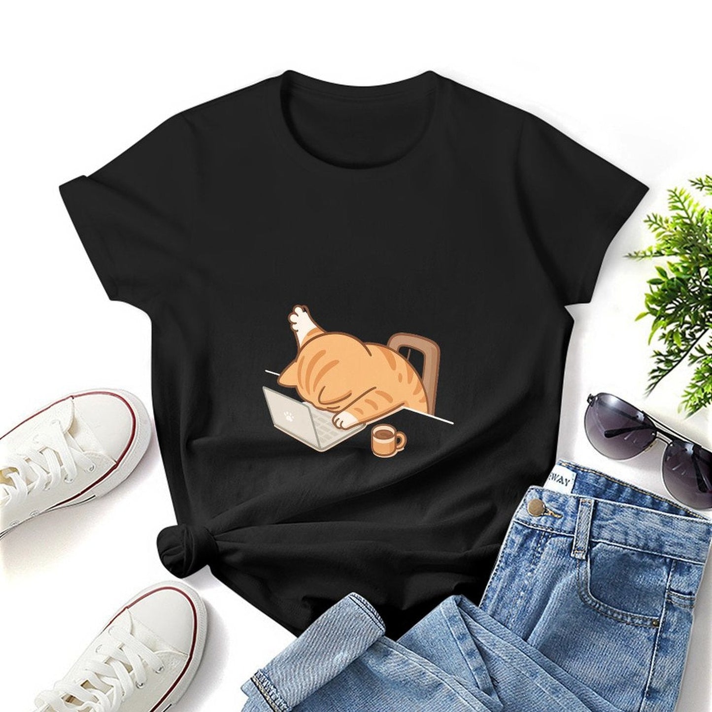 Gildan T-shirt Women Exhausted Cat at Work Spring and Summer Round Neck Short - sleeved Tops Women's Casual Sports T-shirt - TrendyLookz