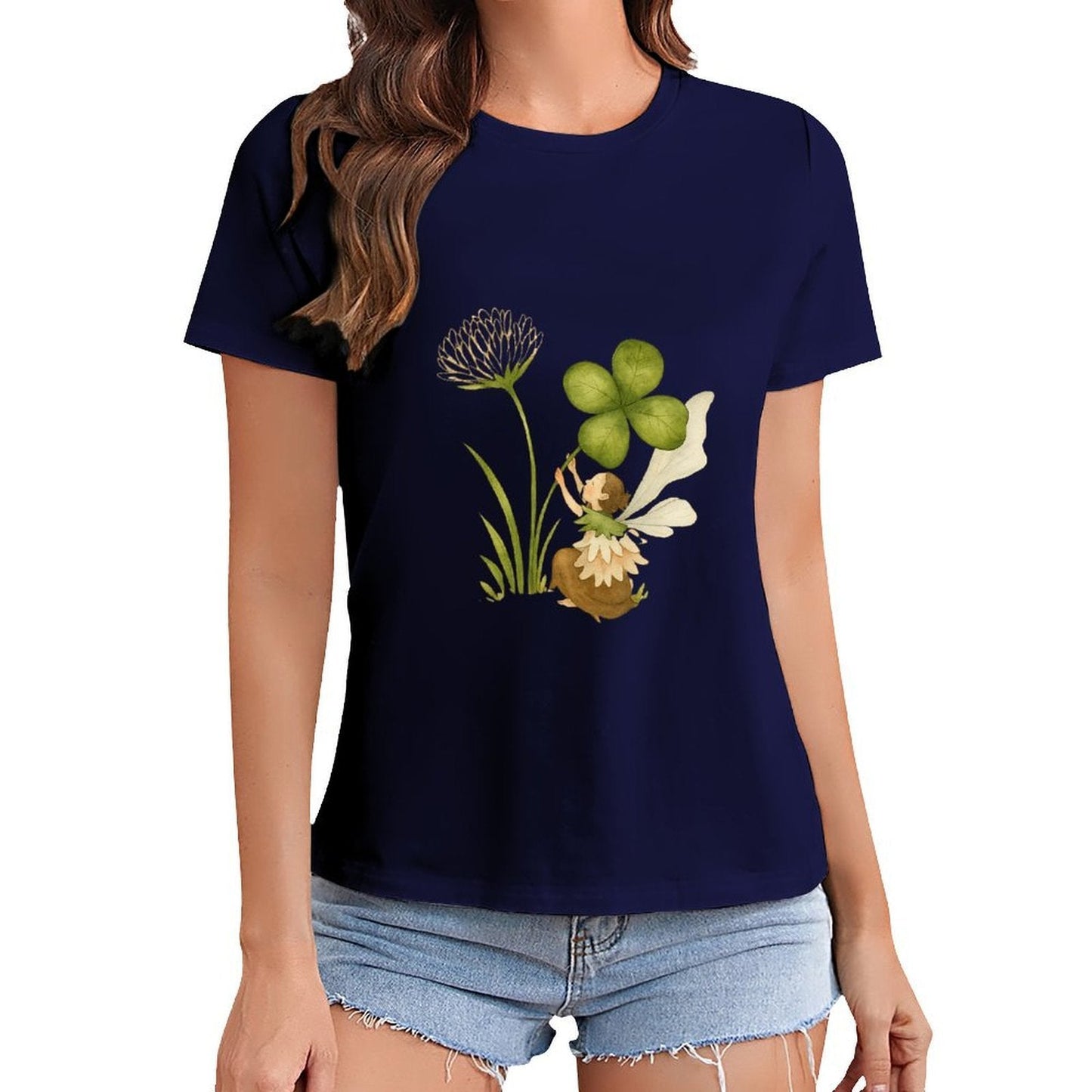 Gildan T-shirt Women Fairy And Lucky Clover Spring and Summer Round Neck Short - sleeved Tops Women's Casual Sports T-shirt - TrendyLookz