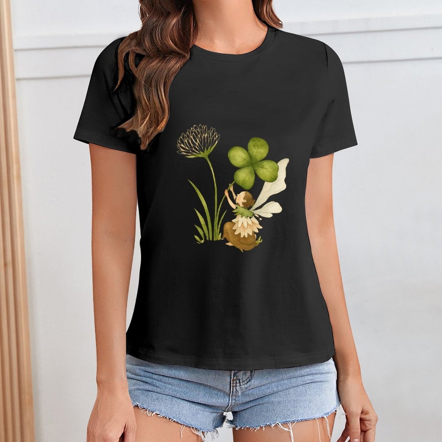 Gildan T-shirt Women Fairy And Lucky Clover Spring and Summer Round Neck Short - sleeved Tops Women's Casual Sports T-shirt - TrendyLookz
