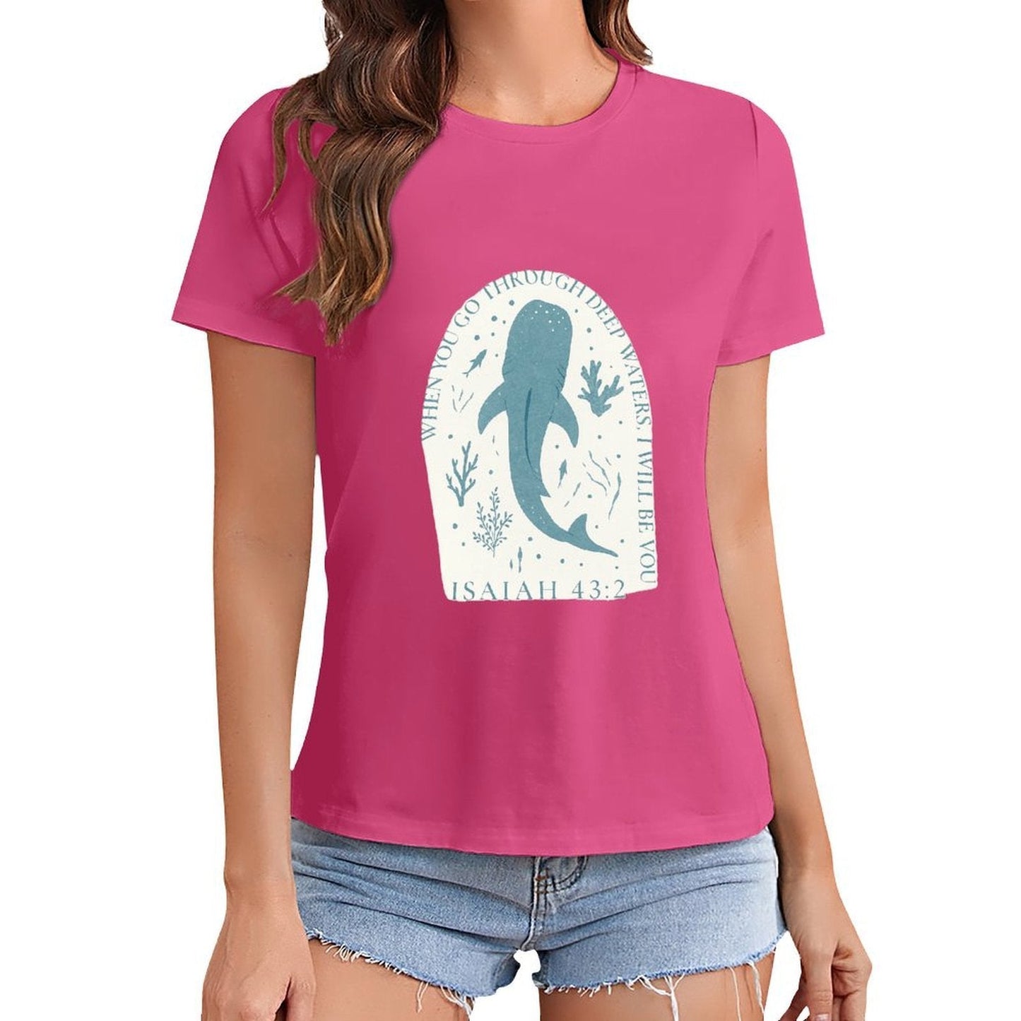 Gildan T-shirt Women Faith Through Deep Waters Spring and Summer Round Neck Short - sleeved Tops Women's Casual Sports T-shirt - TrendyLookz