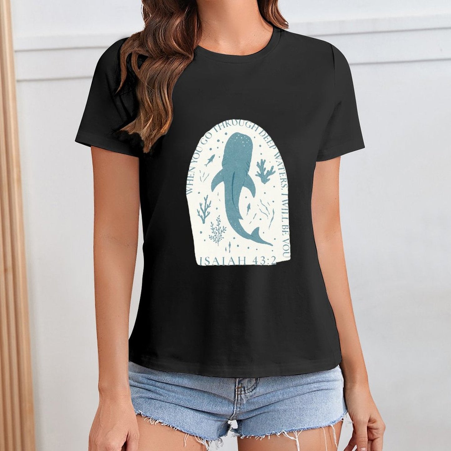 Gildan T-shirt Women Faith Through Deep Waters Spring and Summer Round Neck Short - sleeved Tops Women's Casual Sports T-shirt - TrendyLookz