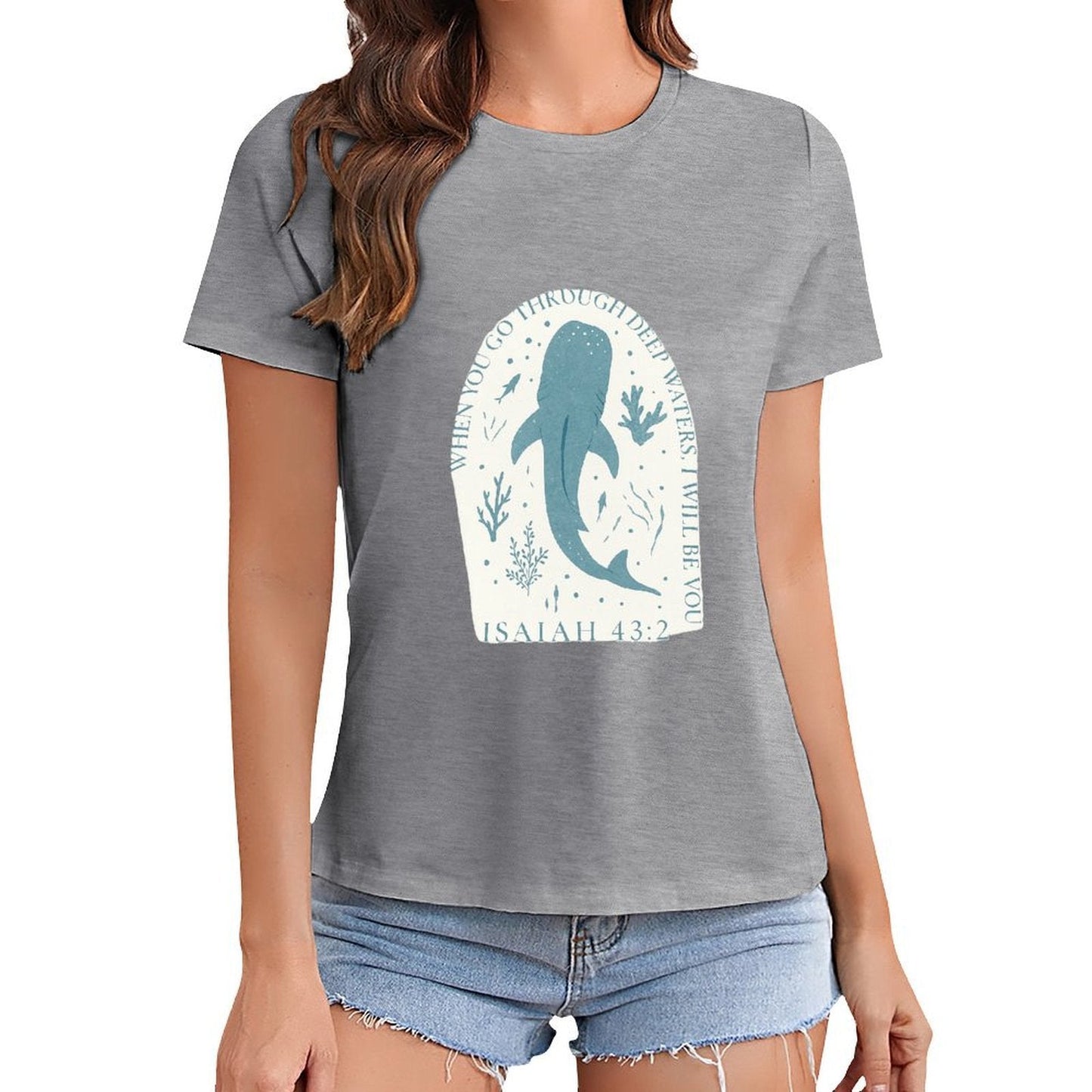 Gildan T-shirt Women Faith Through Deep Waters Spring and Summer Round Neck Short - sleeved Tops Women's Casual Sports T-shirt - TrendyLookz