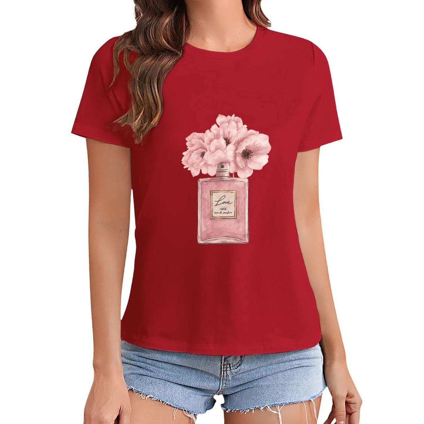 Gildan T-shirt Women Floral Perfume Elegance Spring and Summer Round Neck Short - sleeved Tops Women's Casual Sports T-shirt - TrendyLookz