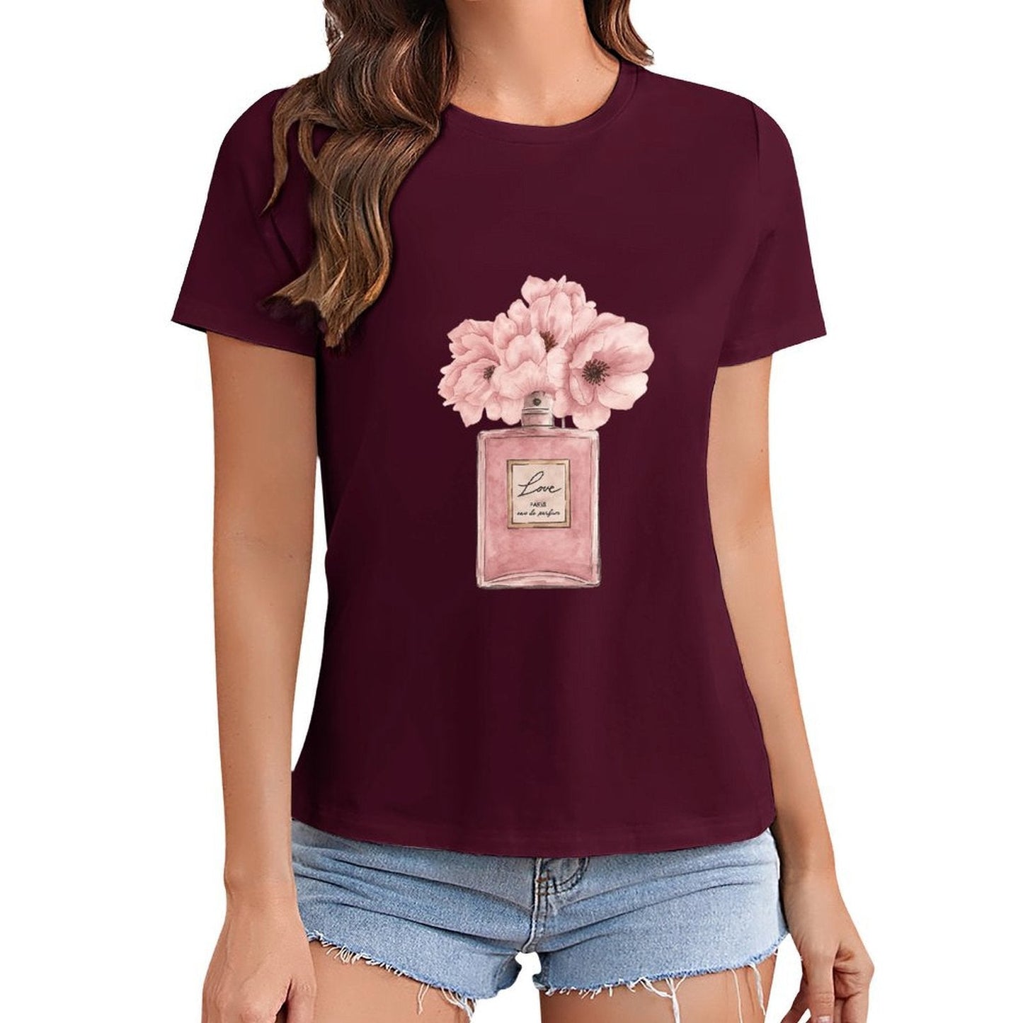 Gildan T-shirt Women Floral Perfume Elegance Spring and Summer Round Neck Short - sleeved Tops Women's Casual Sports T-shirt - TrendyLookz