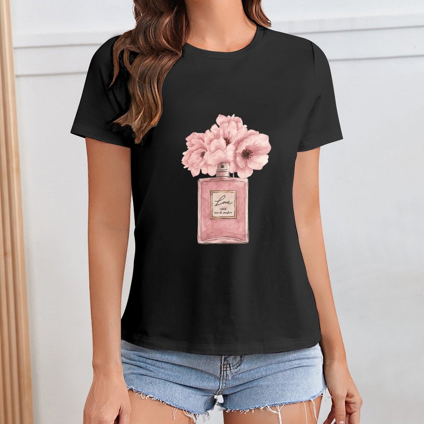 Gildan T-shirt Women Floral Perfume Elegance Spring and Summer Round Neck Short - sleeved Tops Women's Casual Sports T-shirt - TrendyLookz