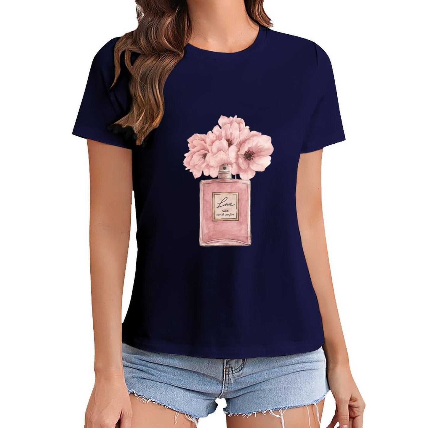 Gildan T-shirt Women Floral Perfume Elegance Spring and Summer Round Neck Short - sleeved Tops Women's Casual Sports T-shirt - TrendyLookz