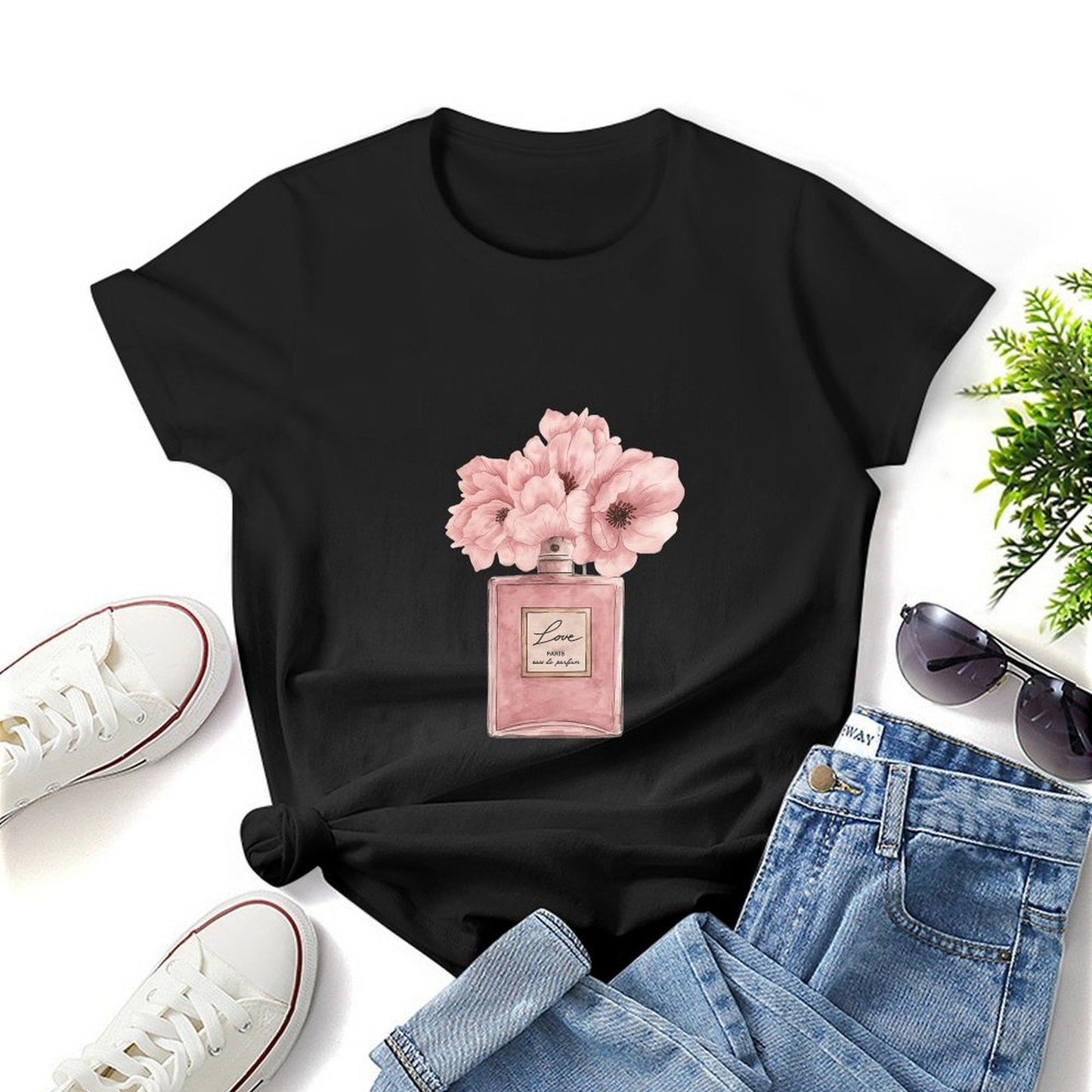 Gildan T-shirt Women Floral Perfume Elegance Spring and Summer Round Neck Short - sleeved Tops Women's Casual Sports T-shirt - TrendyLookz