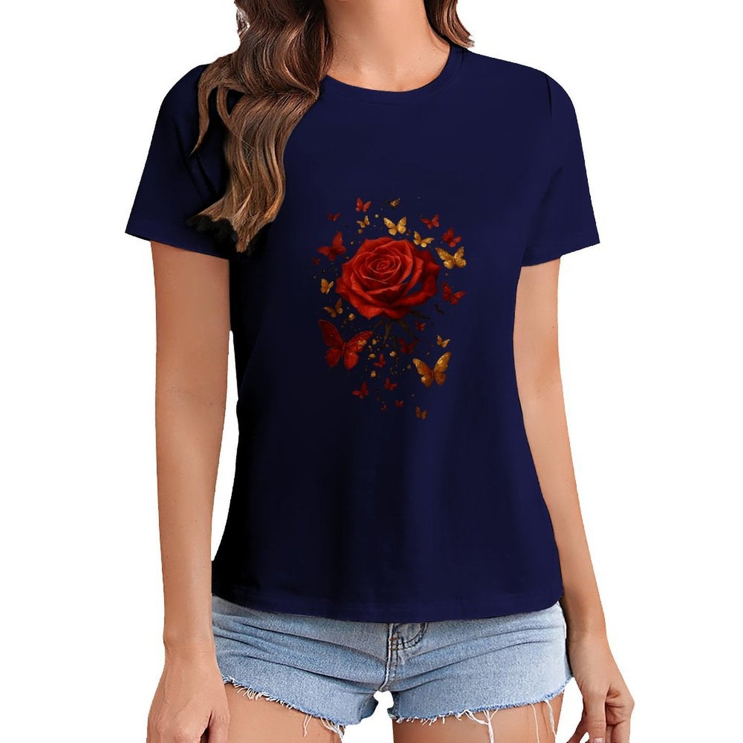 Gildan T-shirt Women Golden Butterflies And Rose Spring and Summer Round Neck Short - sleeved Tops Women's Casual Sports T-shirt - TrendyLookz