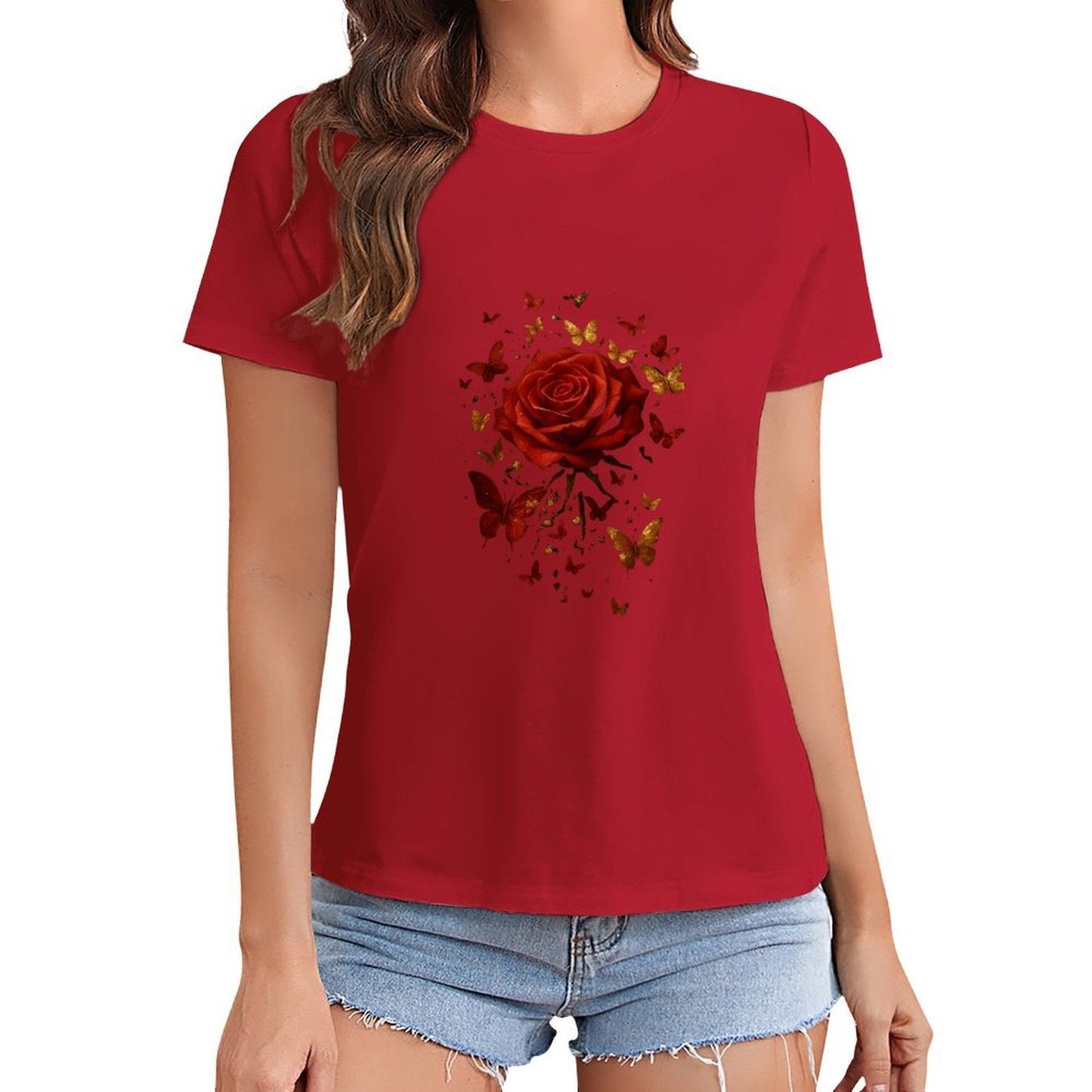 Gildan T-shirt Women Golden Butterflies And Rose Spring and Summer Round Neck Short - sleeved Tops Women's Casual Sports T-shirt - TrendyLookz