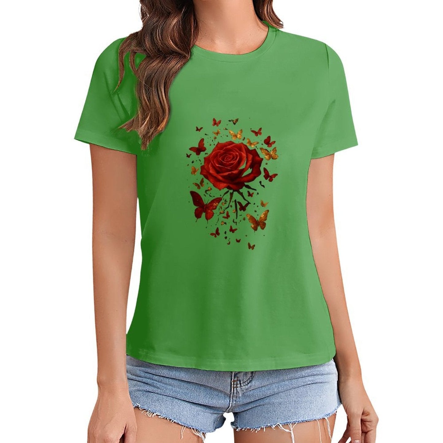 Gildan T-shirt Women Golden Butterflies And Rose Spring and Summer Round Neck Short - sleeved Tops Women's Casual Sports T-shirt - TrendyLookz