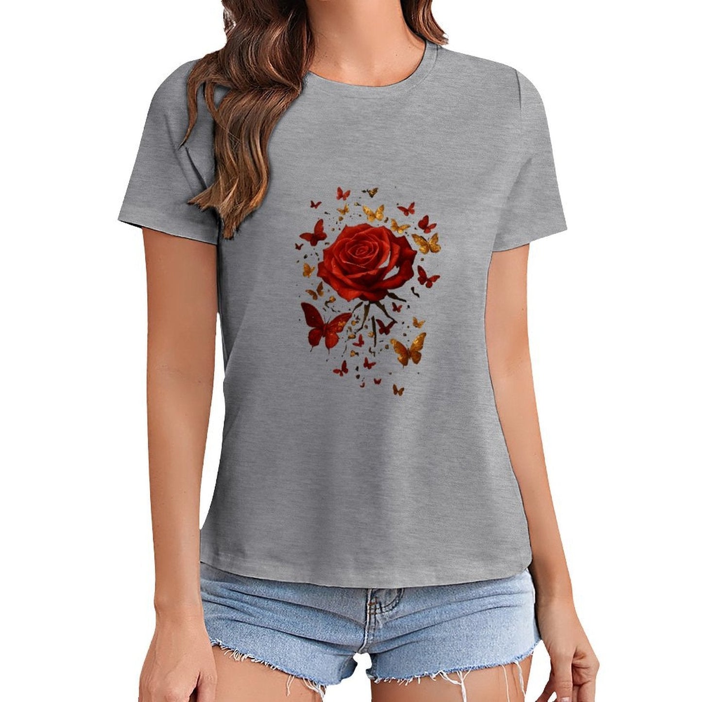 Gildan T-shirt Women Golden Butterflies And Rose Spring and Summer Round Neck Short - sleeved Tops Women's Casual Sports T-shirt - TrendyLookz