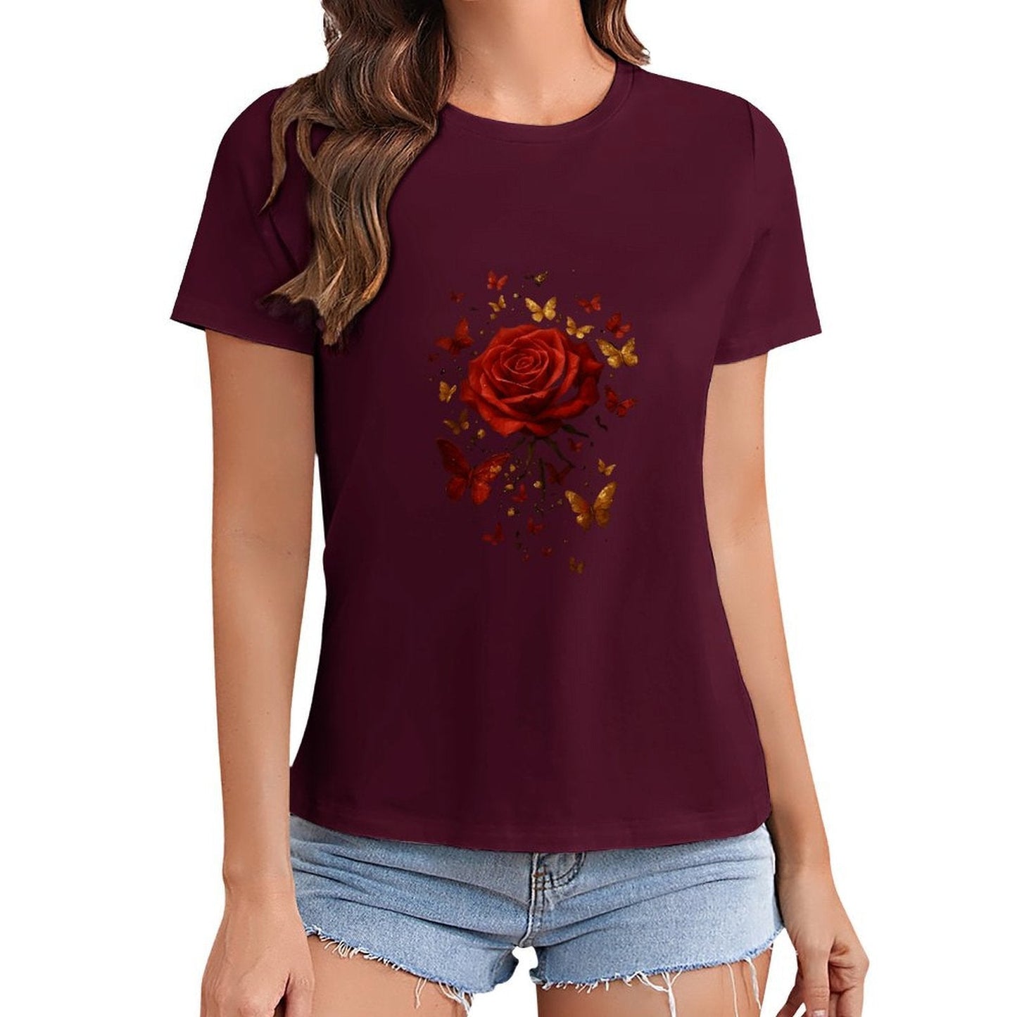 Gildan T-shirt Women Golden Butterflies And Rose Spring and Summer Round Neck Short - sleeved Tops Women's Casual Sports T-shirt - TrendyLookz
