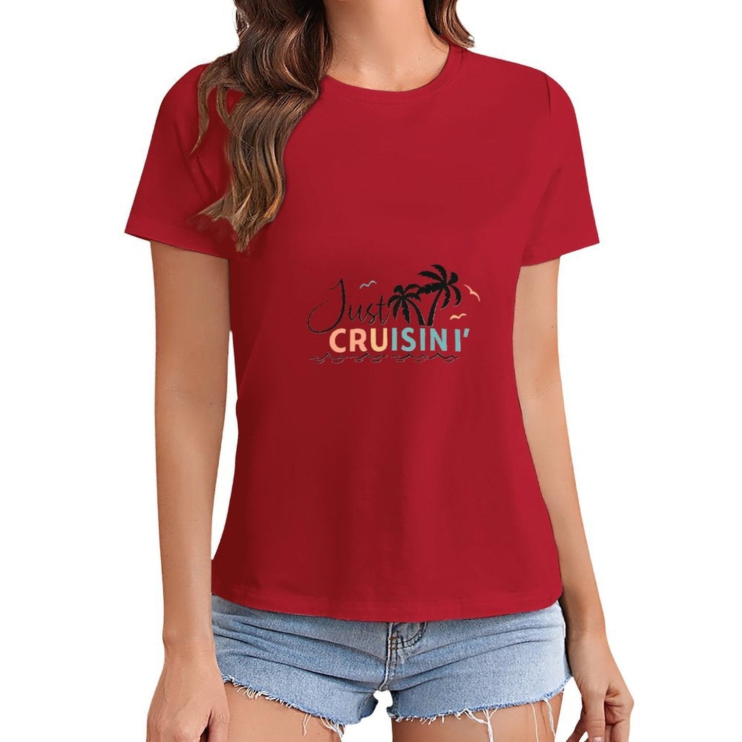 Gildan T-shirt Women Just Cruisin' Tropical Vibes Spring and Summer Round Neck Short - sleeved Tops Women's Casual Sports T-shirt - TrendyLookz