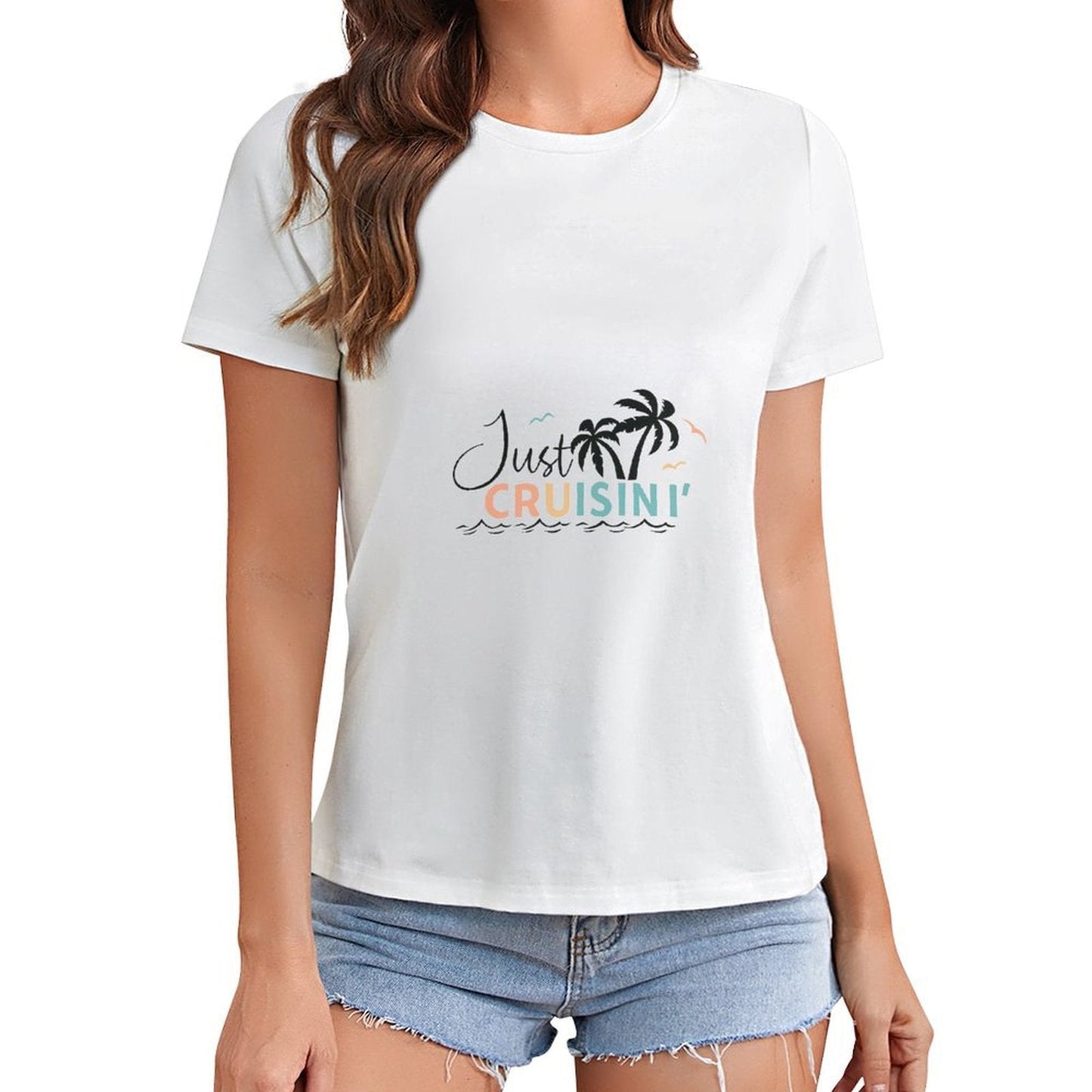 Gildan T-shirt Women Just Cruisin' Tropical Vibes Spring and Summer Round Neck Short - sleeved Tops Women's Casual Sports T-shirt - TrendyLookz