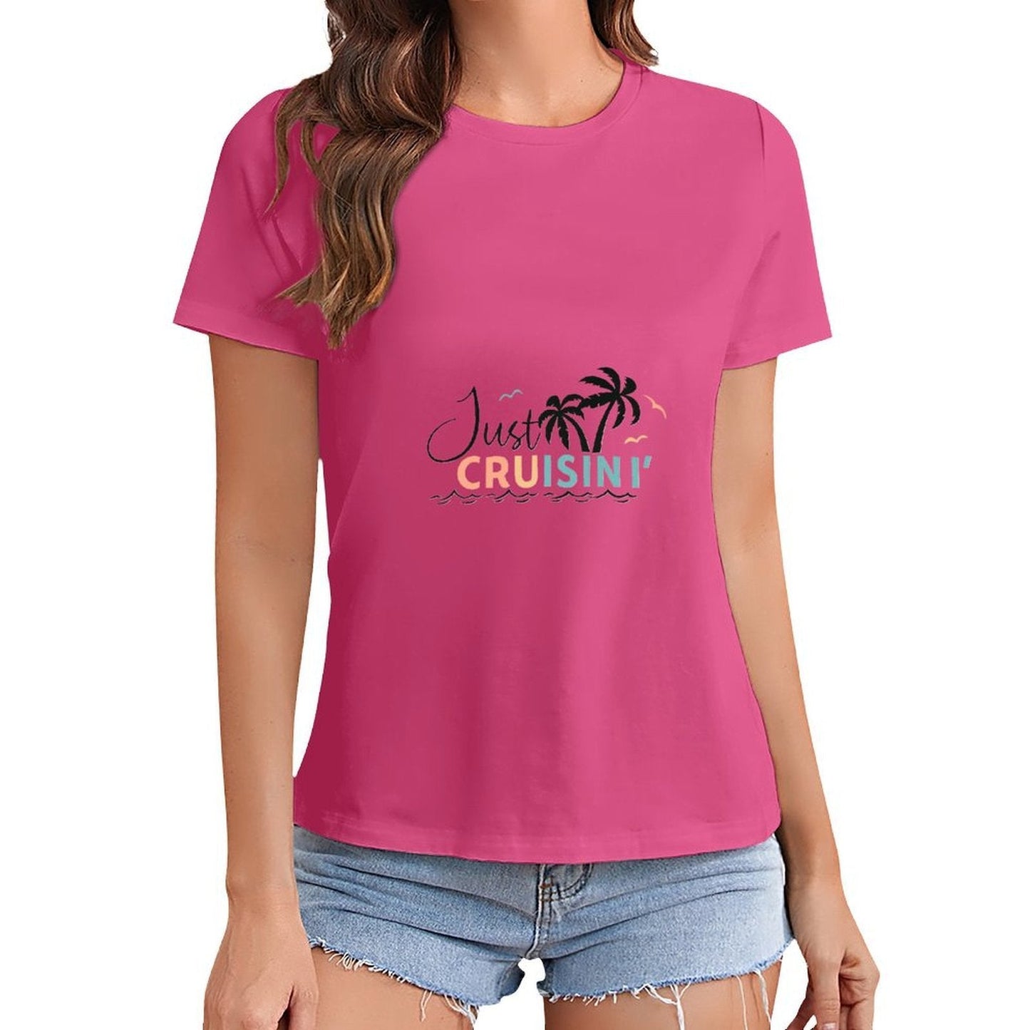Gildan T-shirt Women Just Cruisin' Tropical Vibes Spring and Summer Round Neck Short - sleeved Tops Women's Casual Sports T-shirt - TrendyLookz