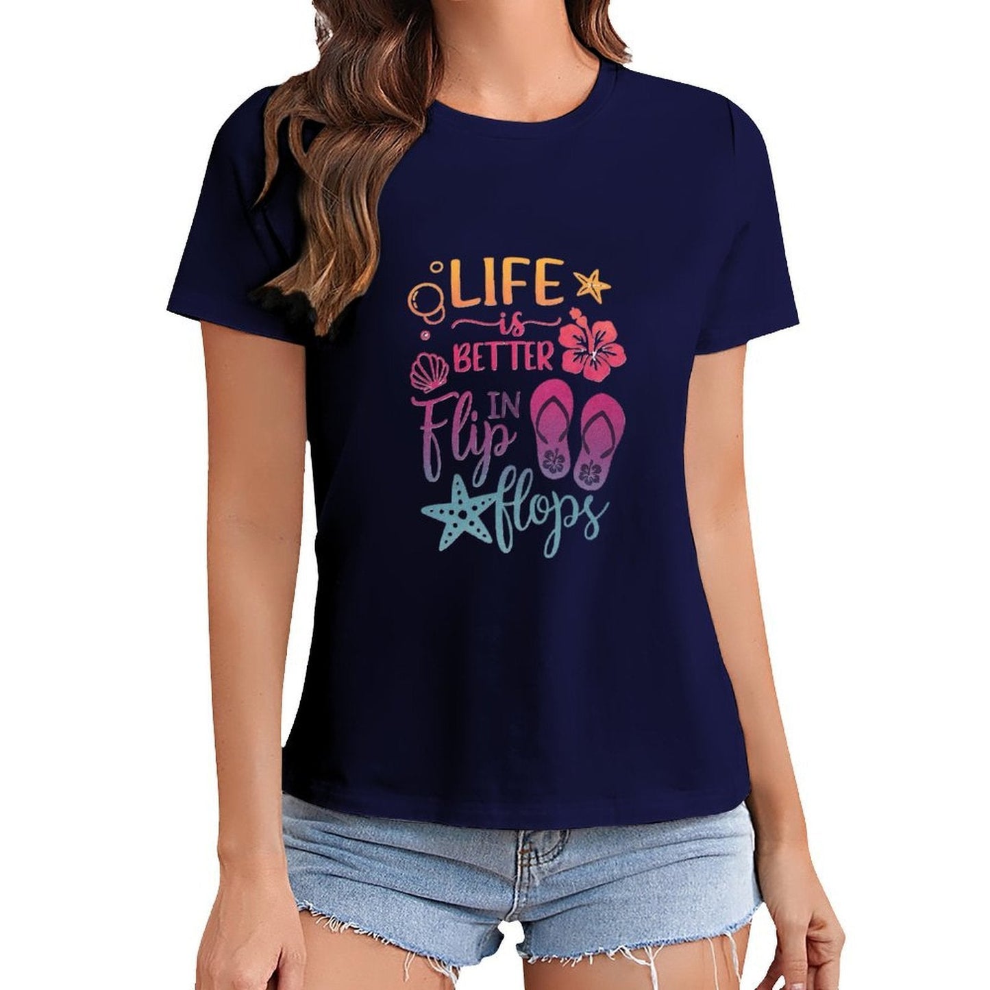 Gildan T-shirt Women Life Is Better in Flip Flops Spring and Summer Round Neck Short - sleeved Tops Women's Casual Sports T-shirt - TrendyLookz
