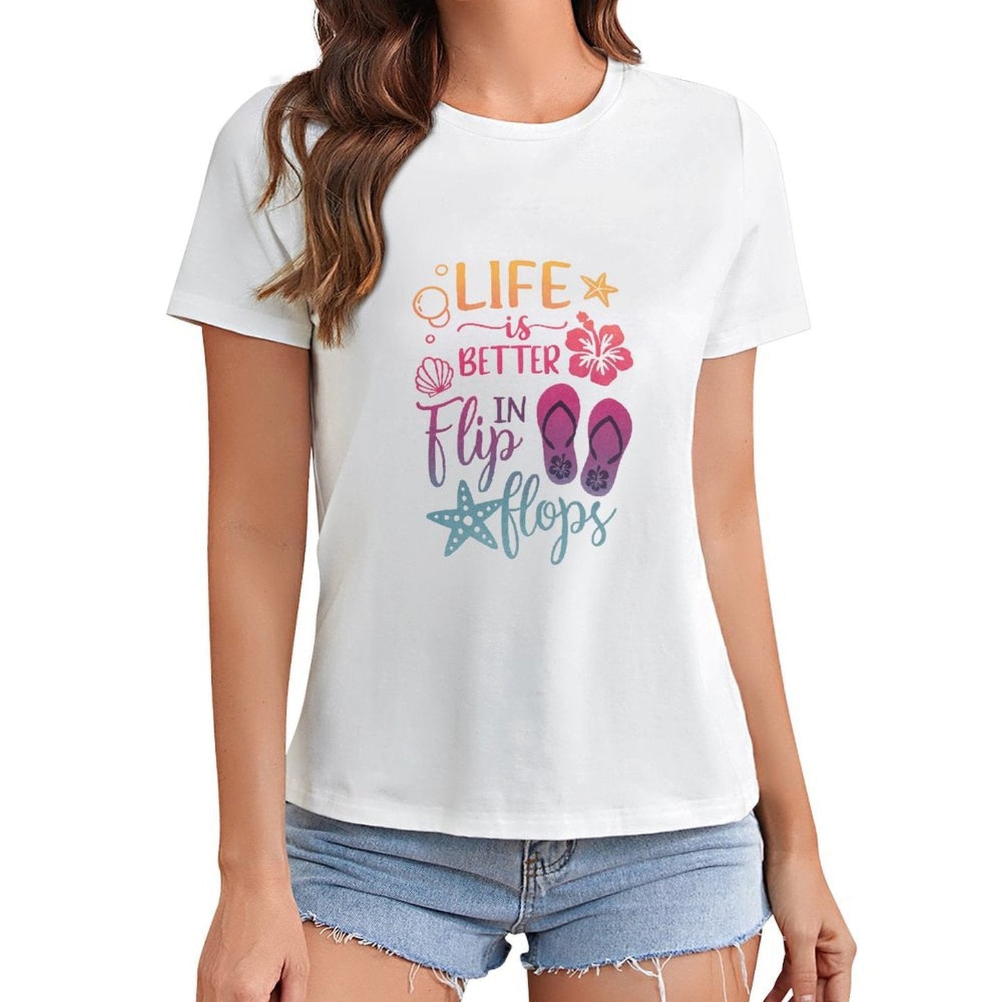Gildan T-shirt Women Life Is Better in Flip Flops Spring and Summer Round Neck Short - sleeved Tops Women's Casual Sports T-shirt - TrendyLookz