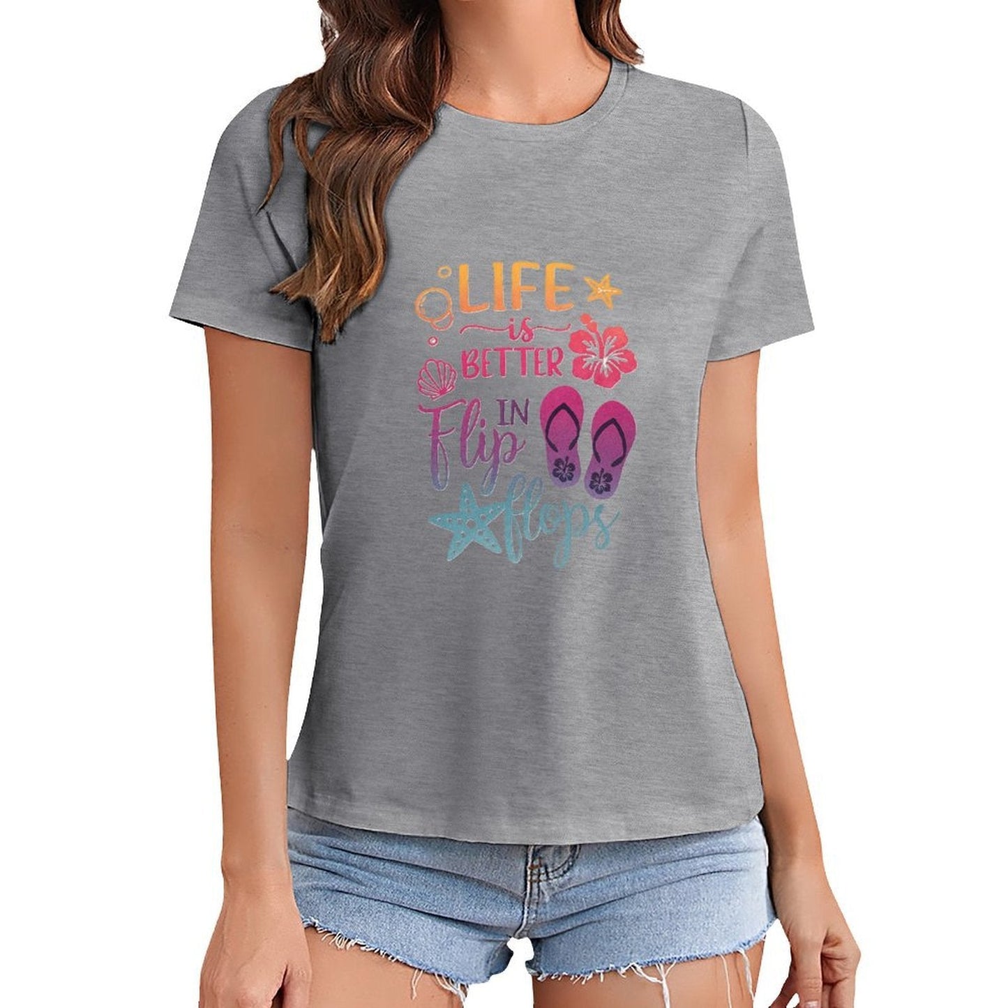 Gildan T-shirt Women Life Is Better in Flip Flops Spring and Summer Round Neck Short - sleeved Tops Women's Casual Sports T-shirt - TrendyLookz