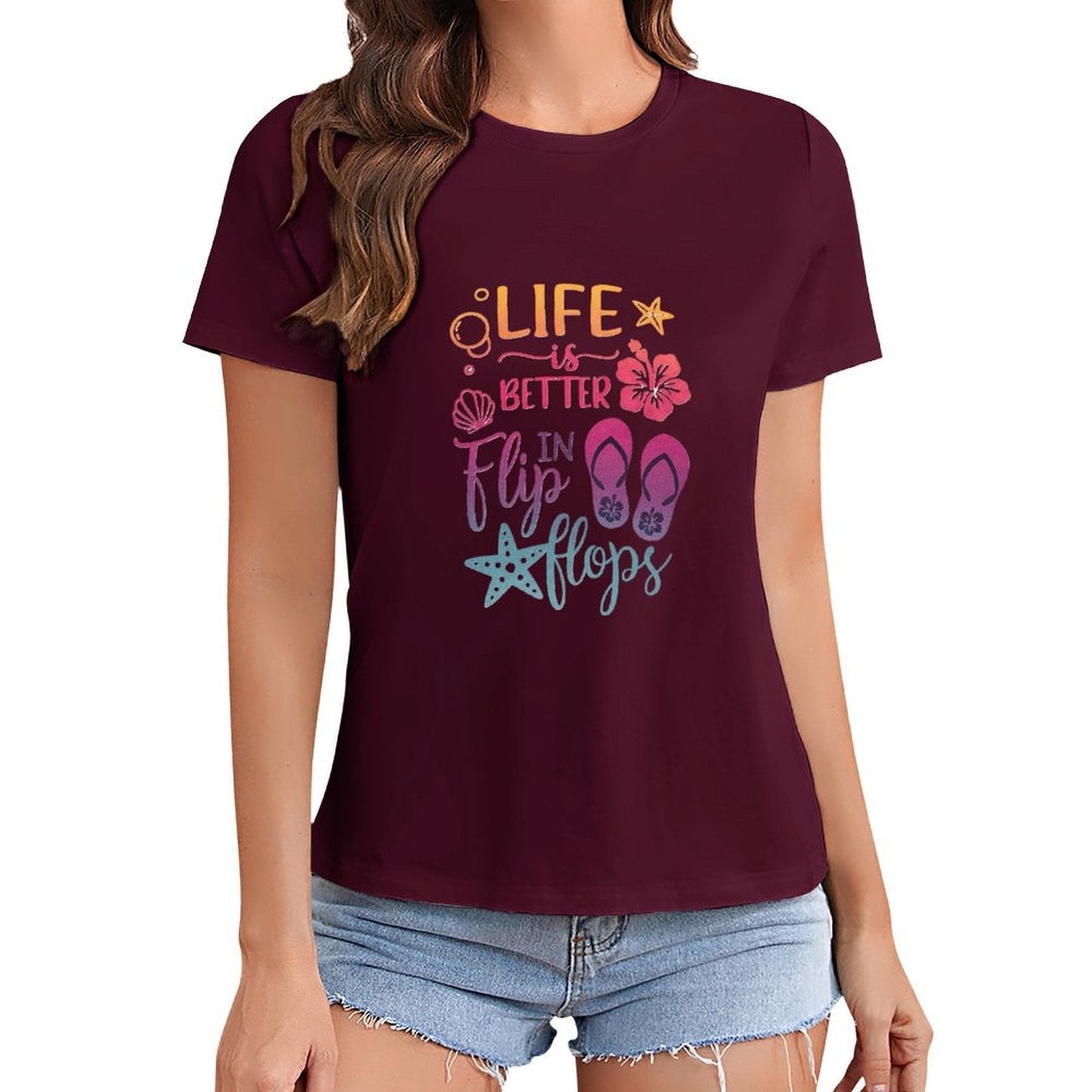 Gildan T-shirt Women Life Is Better in Flip Flops Spring and Summer Round Neck Short - sleeved Tops Women's Casual Sports T-shirt - TrendyLookz