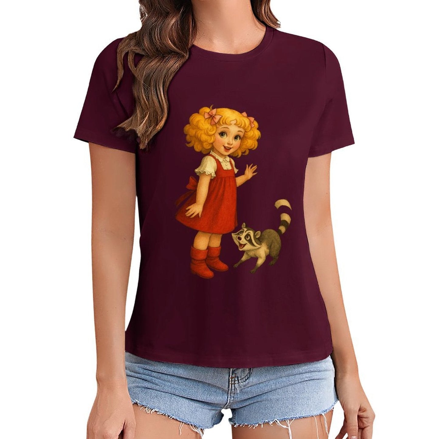 Gildan T-shirt Women Little Girl And Raccoon - U1 Spring and Summer Round Neck Short - sleeved Tops Women's Casual Sports T-shirt - TrendyLookz