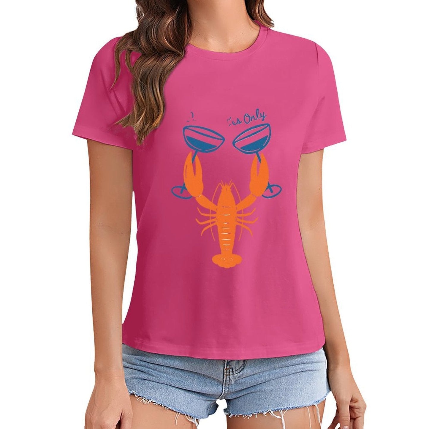 Gildan T-shirt Women Lobster Toasting Good Times Spring and Summer Round Neck Short - sleeved Tops Women's Casual Sports T-shirt - TrendyLookz