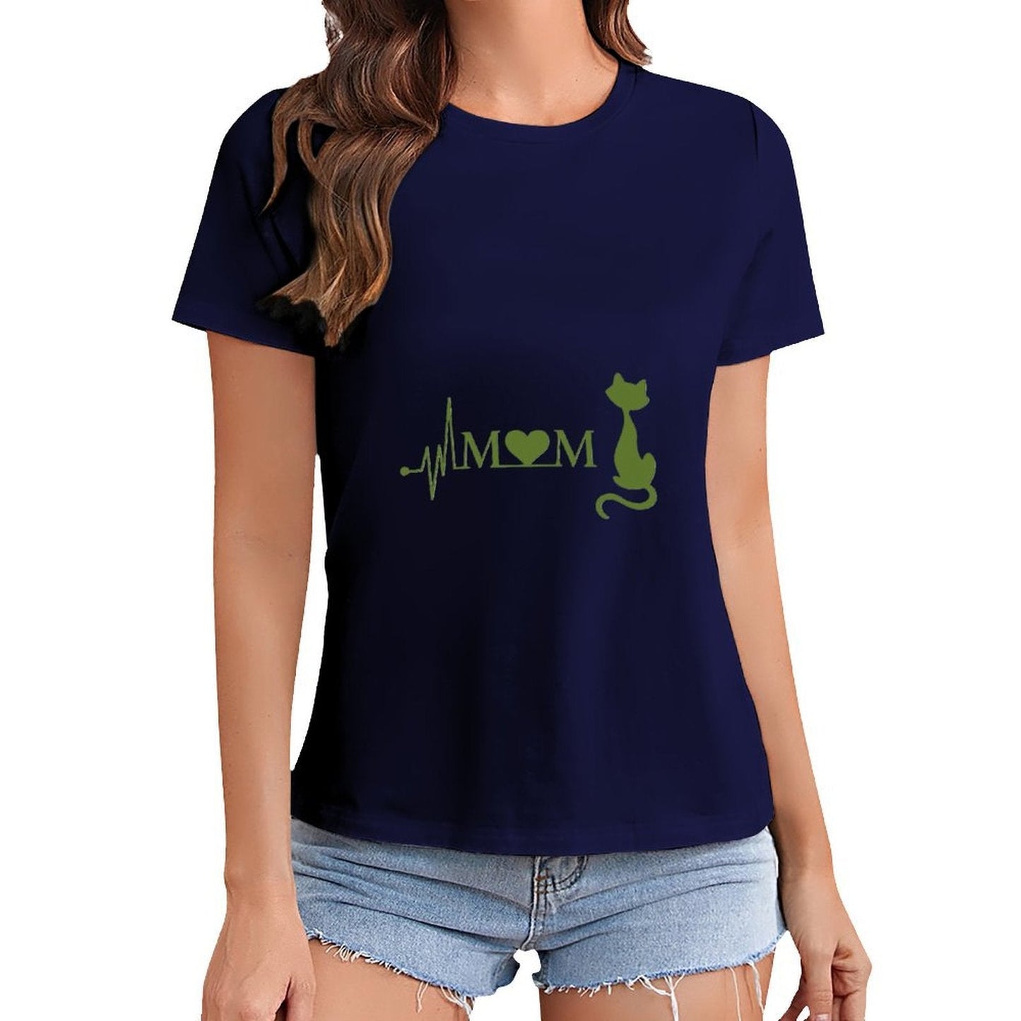 Gildan T-shirt Women Mom Loves Cats Heartbeat - U1 Spring and Summer Round Neck Short - sleeved Tops Women's Casual Sports T-shirt - TrendyLookz