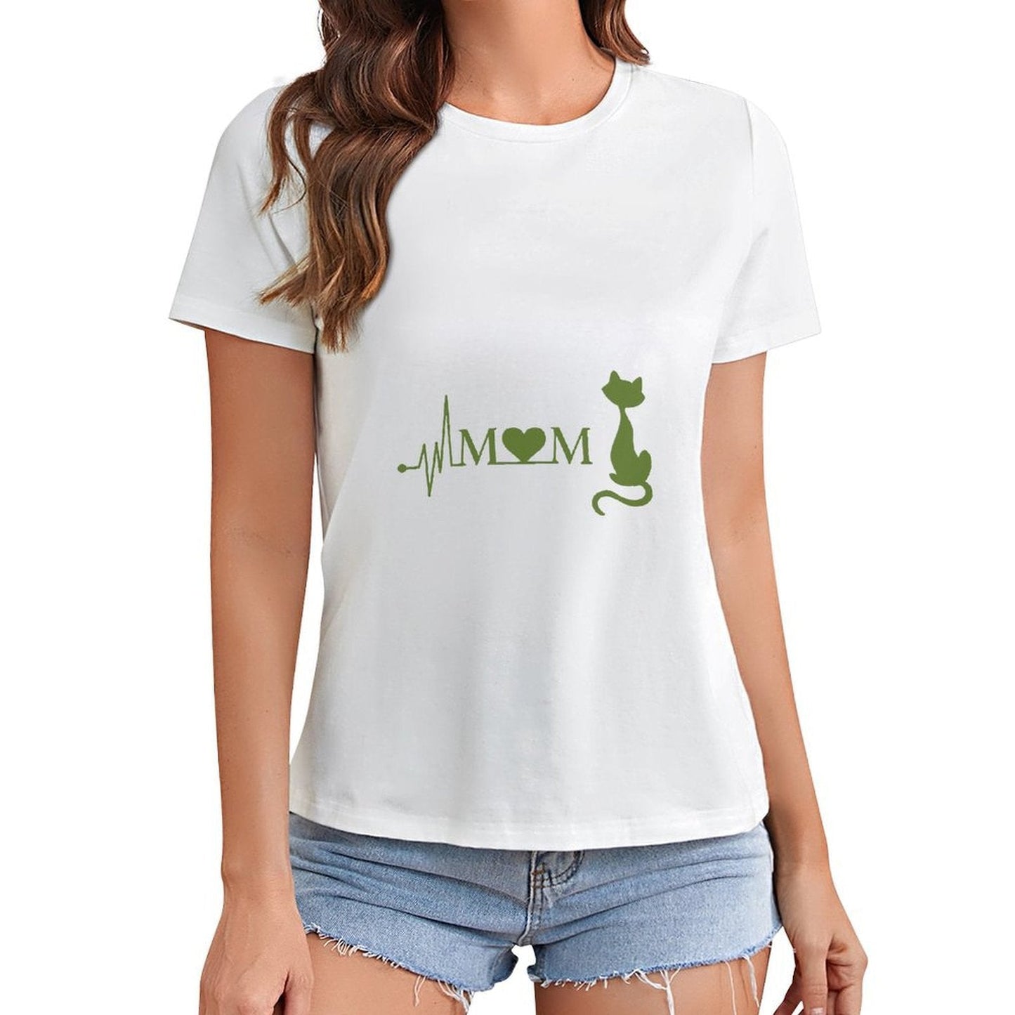 Gildan T-shirt Women Mom Loves Cats Heartbeat - U1 Spring and Summer Round Neck Short - sleeved Tops Women's Casual Sports T-shirt - TrendyLookz