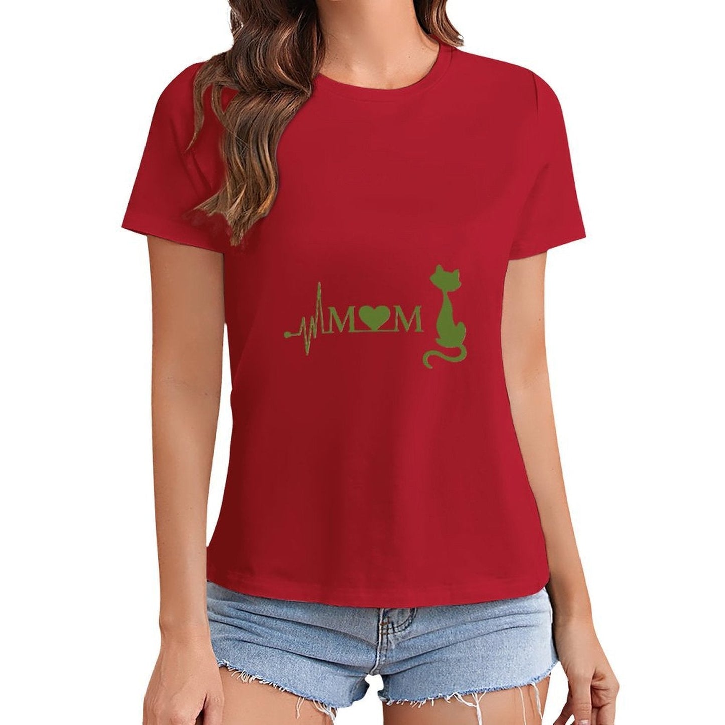 Gildan T-shirt Women Mom Loves Cats Heartbeat - U1 Spring and Summer Round Neck Short - sleeved Tops Women's Casual Sports T-shirt - TrendyLookz
